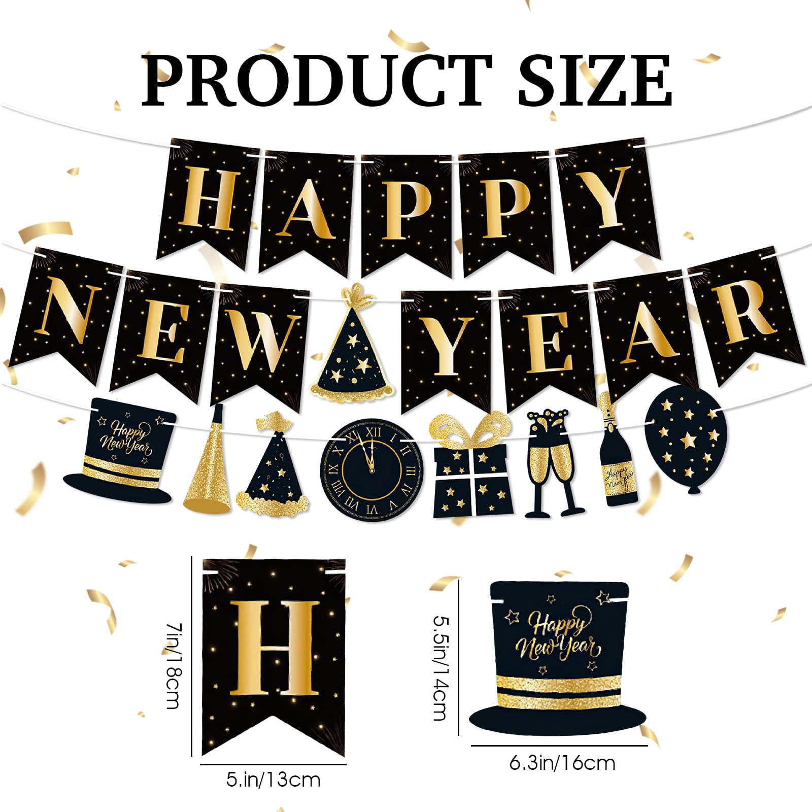 Happy New Year 2026 Banner, New Years Eve Party Decorations 2026, Glitter Black Gold Happy New Year Banner - Image 2