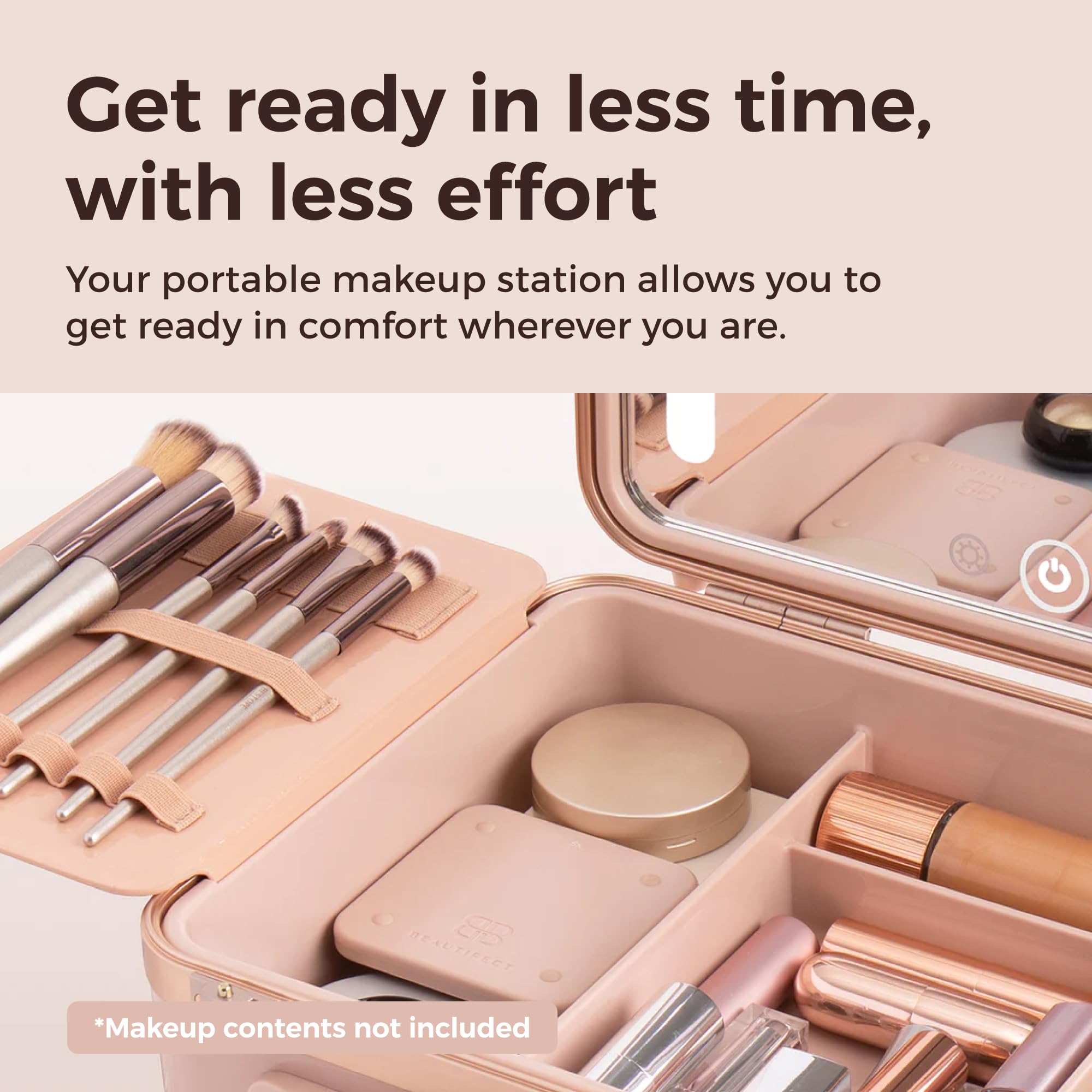 Beautifect Box Rose Gold - Grande trousse per trucchi con specchio luminoso a LED, trapuntata, metallica, borsa da viaggio per cosmetici da donna, organizer per articoli da toeletta e trucchi con