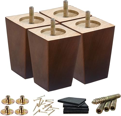 Juego de 4 patas de madera para muebles, patas de sofá de 4 pulgadas, patas cuadradas de color marrón, patas de silla de mediados de siglo, patas de