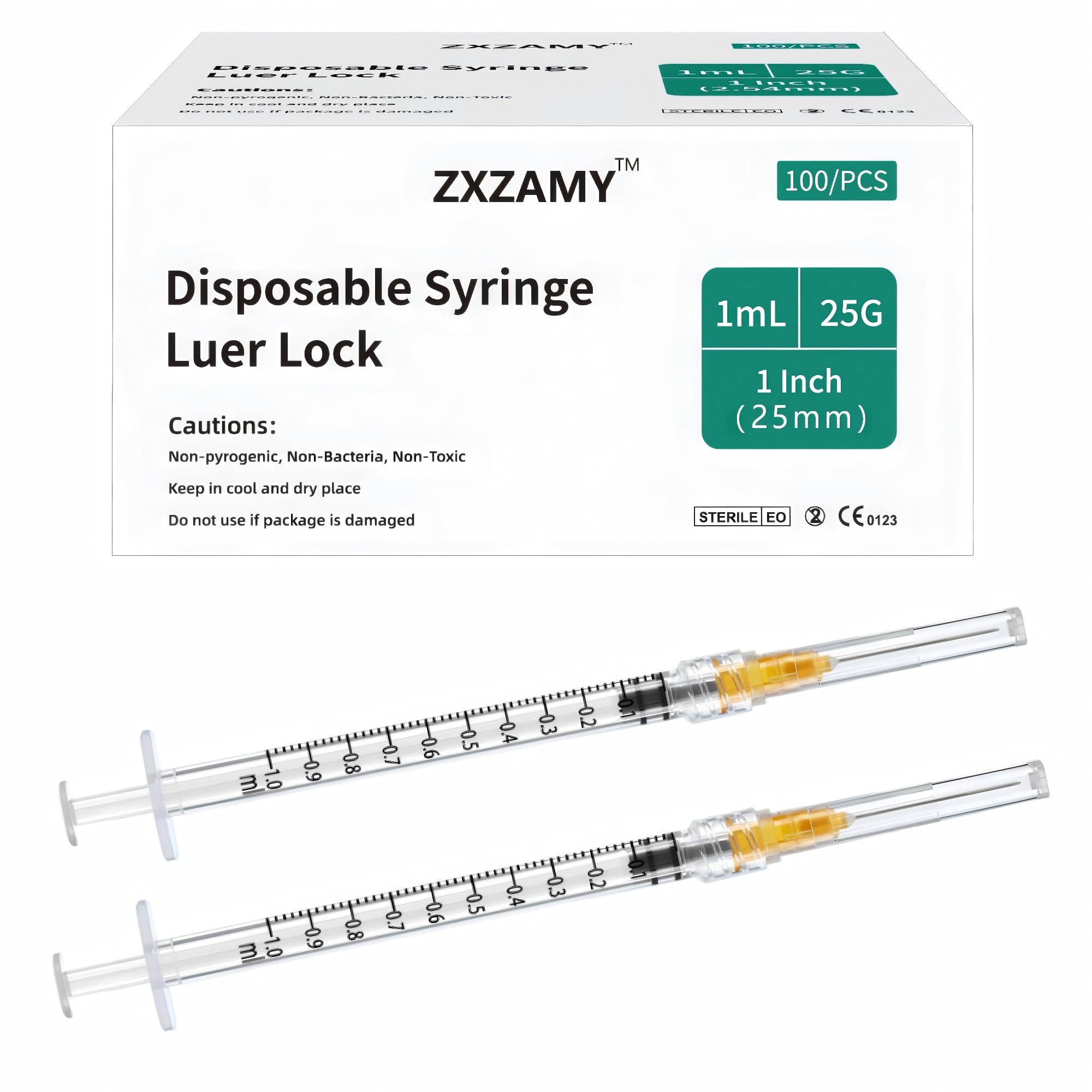 100 Pack 1ml Syringes with 25G 1inch Needle, Disposable 1cc Syringe for Scientific Labs Individually Wrapped.