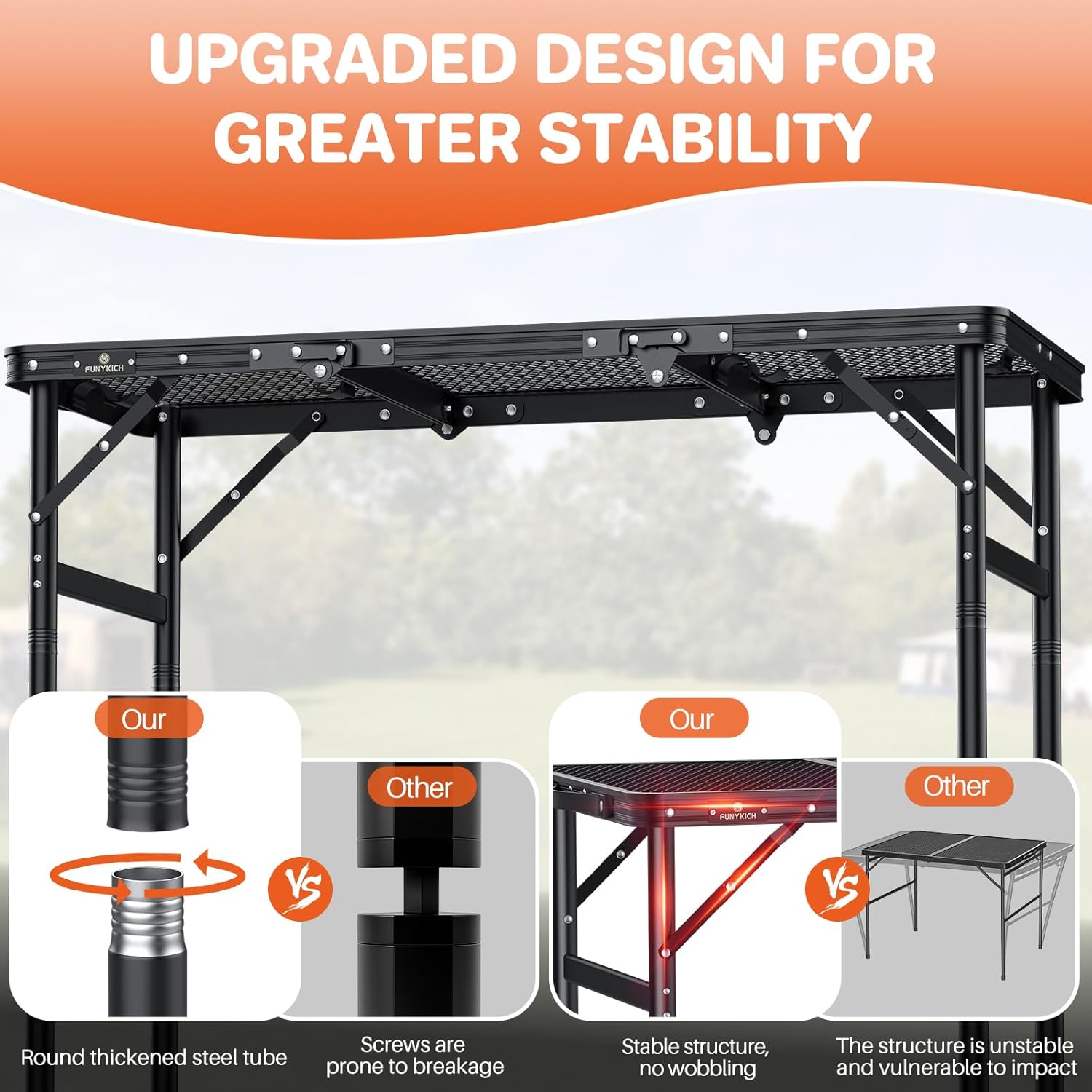 FUNYKICH 3ft Folding Grill Table for Outside 35.4''x15.7'', Max Height 29.4'' Portable Camping Tables, 3 Height Adjustable Lightweight Metal BBQ Table with Carry Handle for Camping, Picnic, BBQ, Black