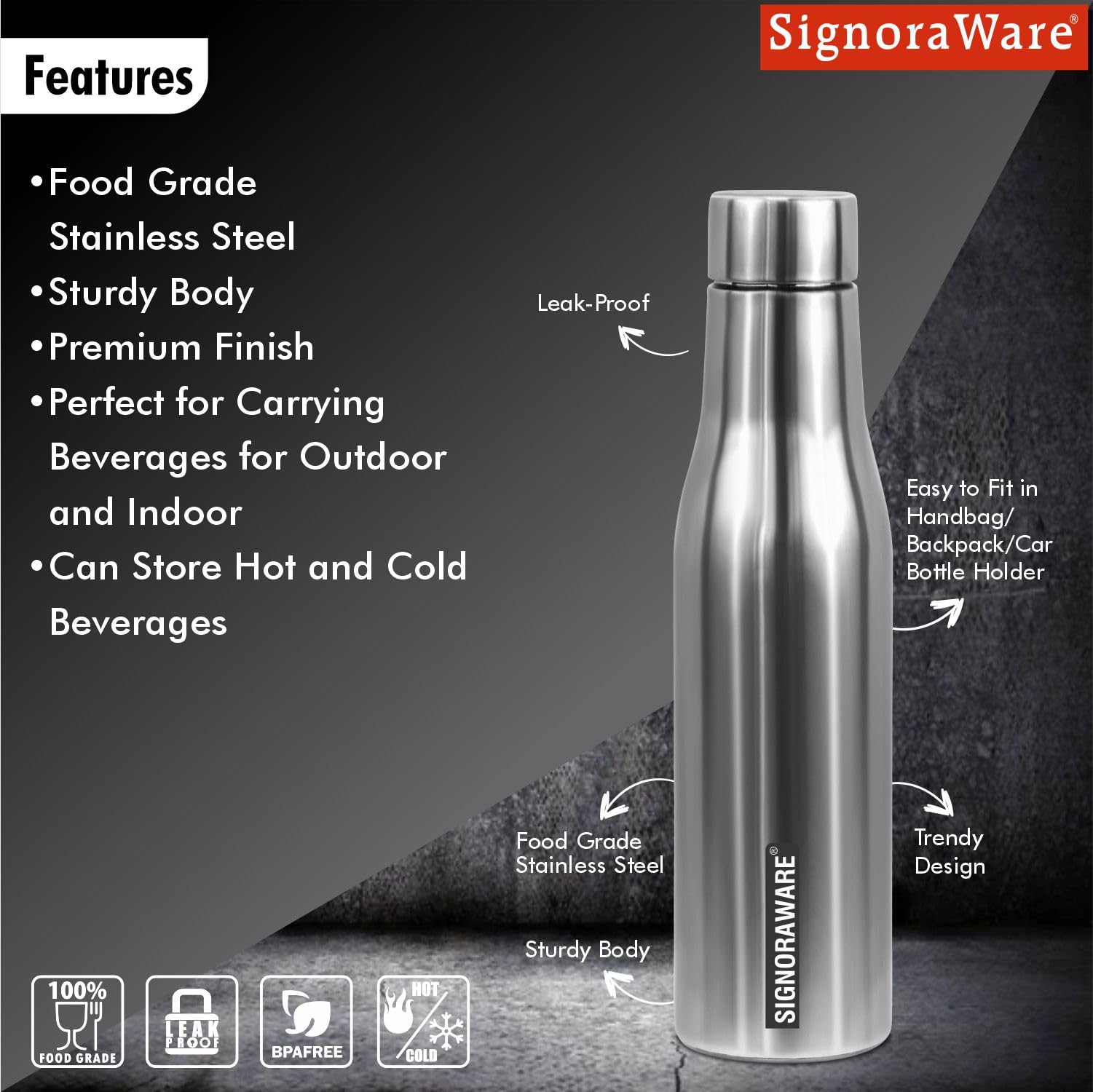 SIGNORA WARE Blaze Single Walled Stainless Steel Thermos Bottle, 500ml, Silver, Airtight & Leakproof, Ideal for Office, Camping, Sports & Outdoor Activities — Amazon image 4