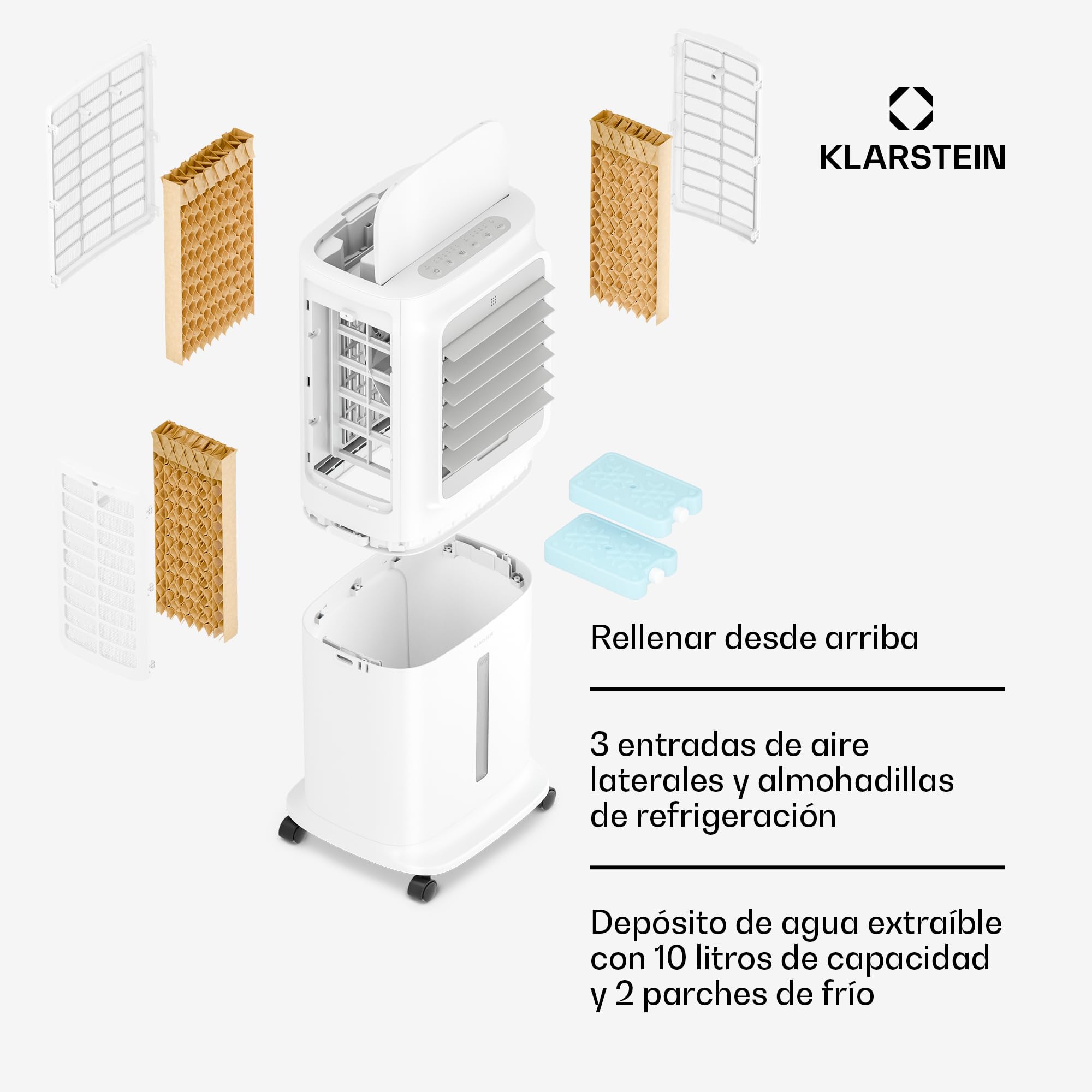 KLARSTEIN Climatizador Evaporativo, Ventilador con Agua 10L, Control App & Mando, 340 m³/h, Temporizador, Portátil para Hogar & Dormitorio, White