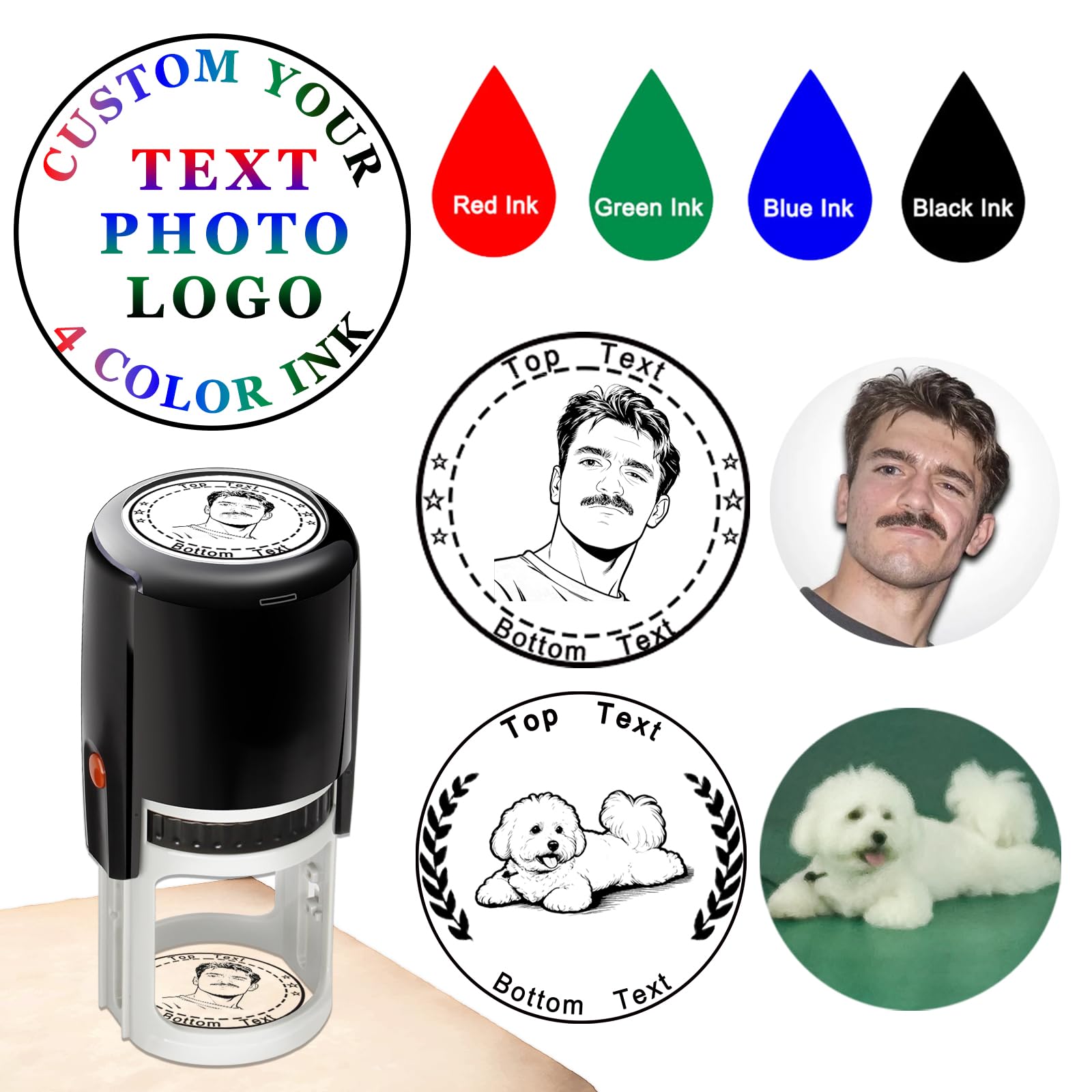 Custom Face Stamp Personalised Portrait Photo Stamps Customised Self Inking Rubber Stamper with Logo Name Text for Office Business -4 Colors