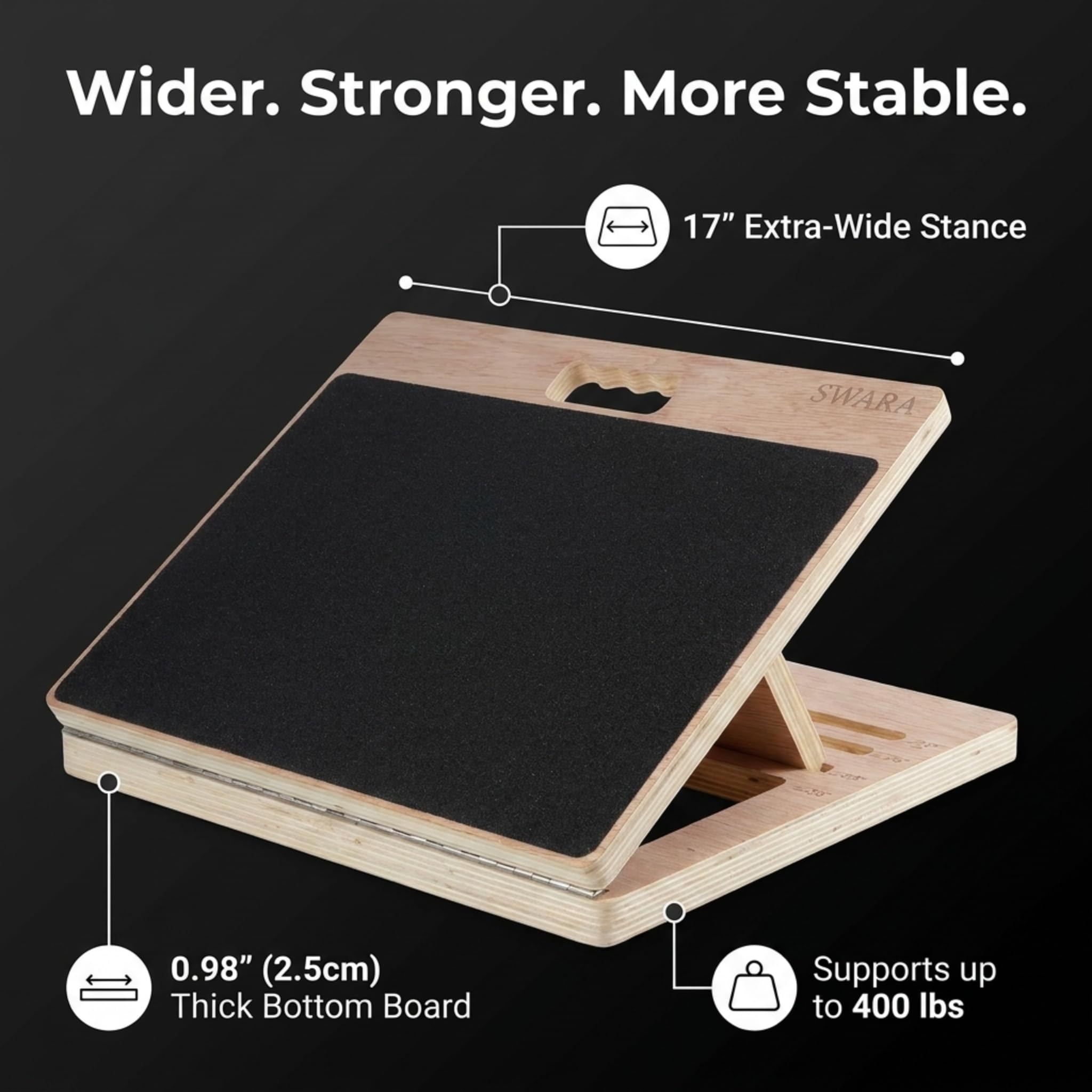 Swara Tabla inclinada de madera portátil profesional, estirador de pantorrilla ajustable, 17 pulgadas de ancho, capacidad de 400 libras, estiramiento de pantorrillas, sentadillas, terapia física,