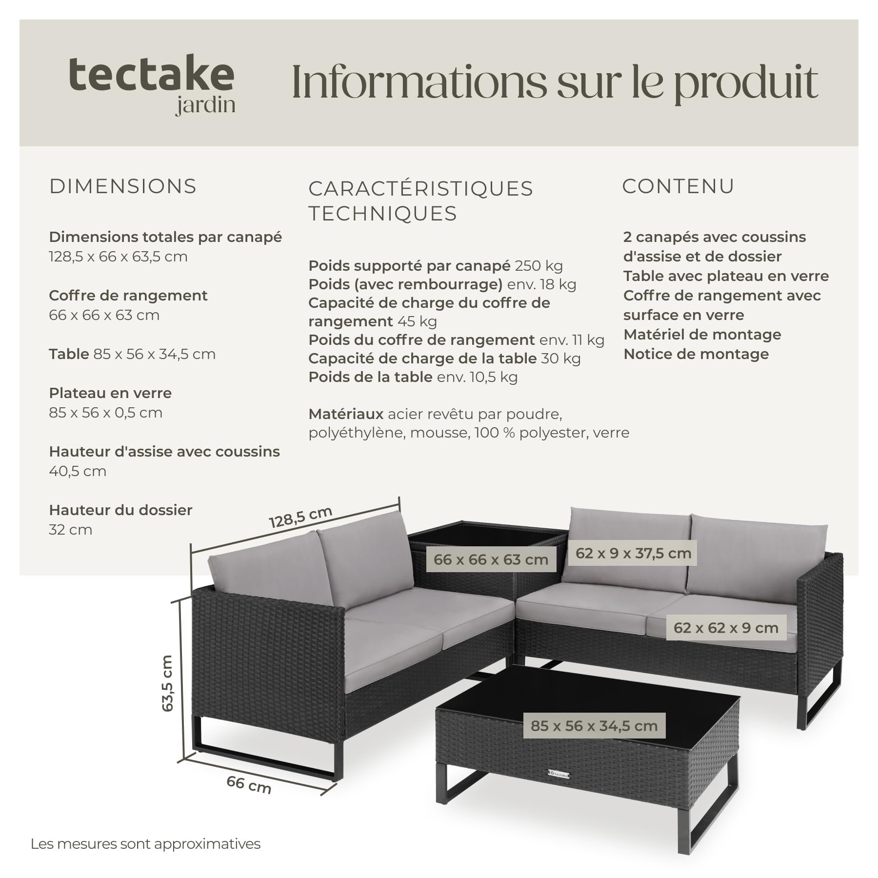 Tectake Ensemble Salon de Jardin Exterieur Modulable en Rotin, Canape 4 Places, Table Basse Verre, Coffre Rangement, Coussins Inclus