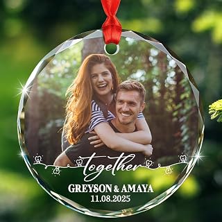 Photo Couple 1st Xmas Together Glass Ornament 2025, Personalized Picture Our First Christmas Together Ornament Gift for Couple Dating Wedding Anniversary, Custom Names Mr & Mrs Christmas Ornaments