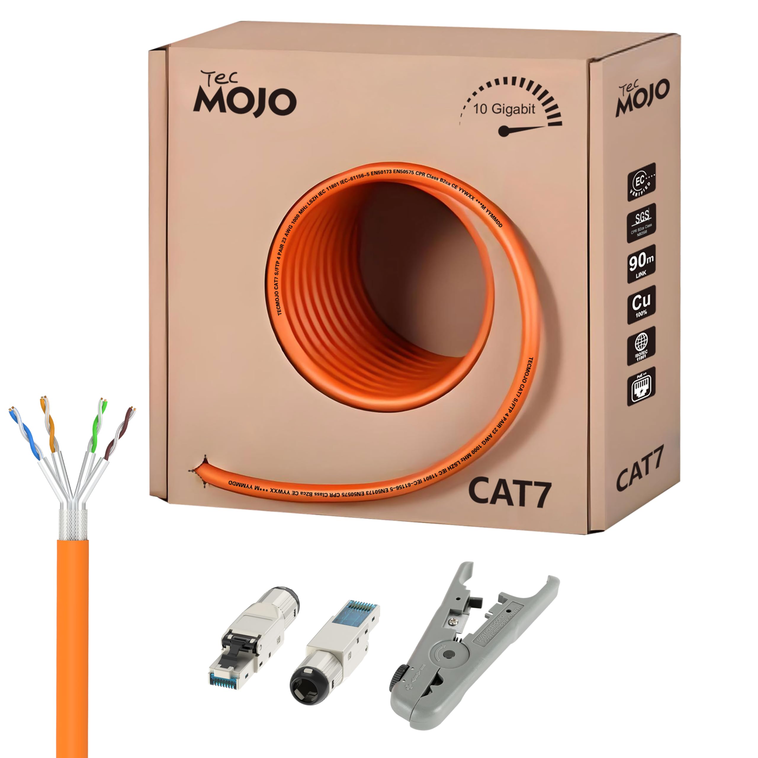 Tecmojo Cable de red Ethernet CAT7 S/FTP 100 m, 10 Gigabit LAN, conductor de cobre puro 23 AWG con blindaje trenzado AL-MG LSZH B2ca naranja, con herramienta de corte y pelacables y conectores RJ45