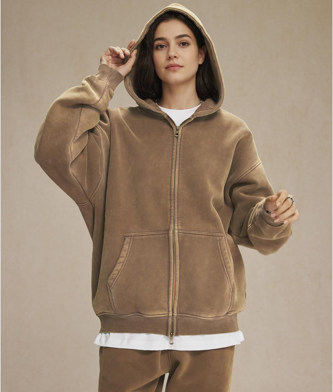 Womens Double Zip Up Hoodies Oversized Heavyweight Fleece Sweatshirt Acid Wash Hoodie Vintage Distress Cotton Jacket - Image 3