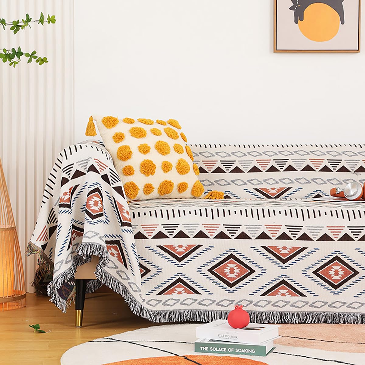 Luxlovery Azteckie koce narzutowe, beżowy, plemienny, boho, geometryczny, biały, khaki, na kanapę, łóżko, ponadwymiarowy pokrowiec na sofę z frędzlami, 160 cm x 218 cm