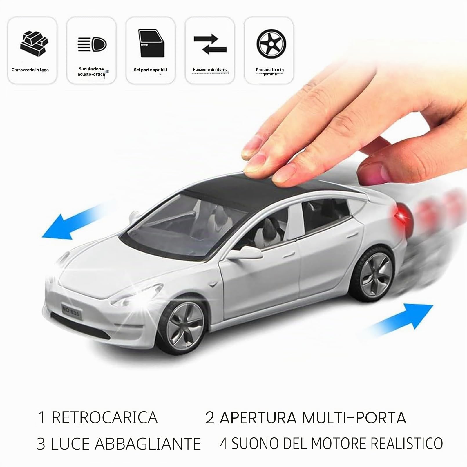 Tesla Model 3 1:32 Modellino Macchinina con Luce e Musica, Funzione Pull-Back, Lega Pressofusa, Ideale per Bambini dai 3 anni e Collezionisti (Bianco)
