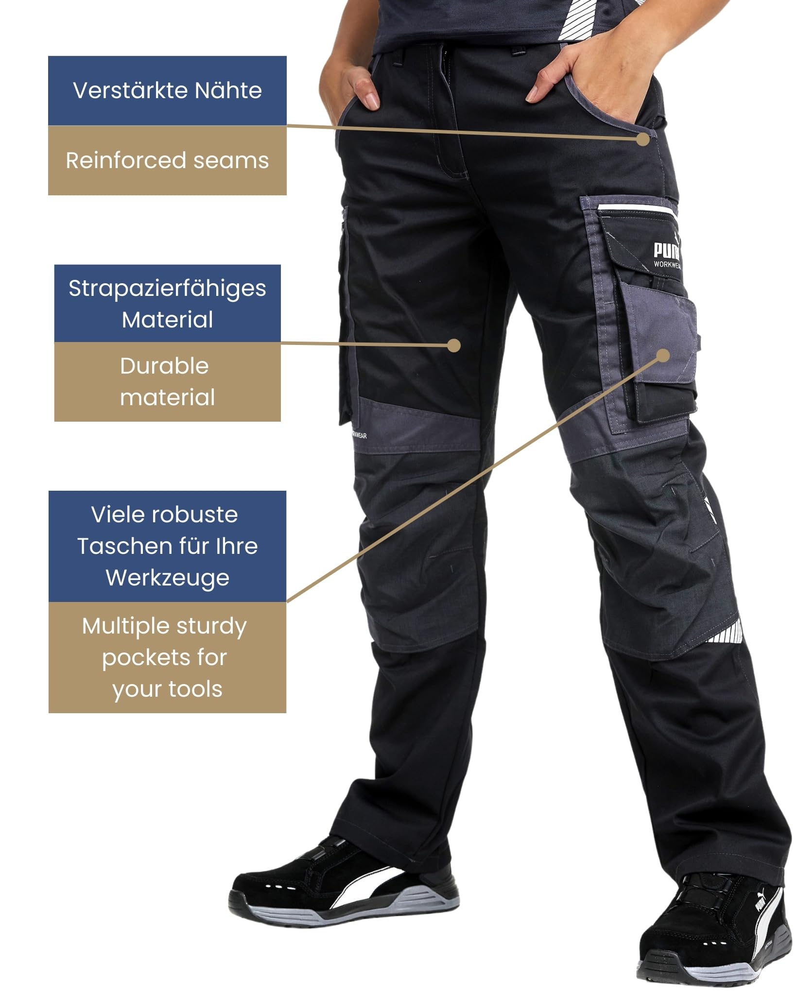 PUMA Work WEAR Premium damskie spodnie robocze z wieloma kieszeniami i dodatkowo wzmocnioną tkaniną nylonową - czarne, czarny/ antracytowy, 48