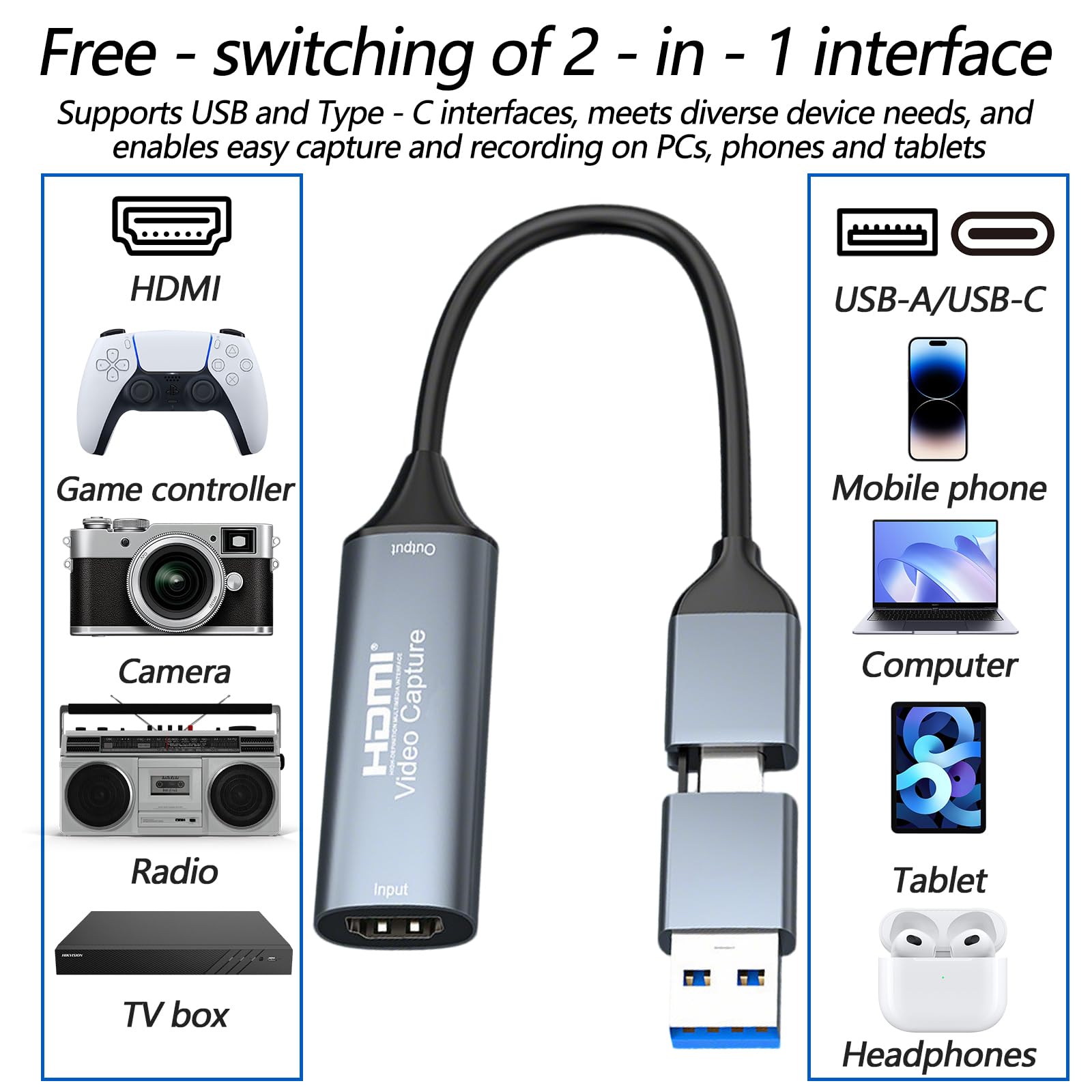 Scheda di acquisizione video, Scheda di acquisizione per giochi, 4K HDMI verso USB Scheda di acquisizione, Adattatore HDMI Schede di acquisizione audio video, per video, Giochi, Streaming