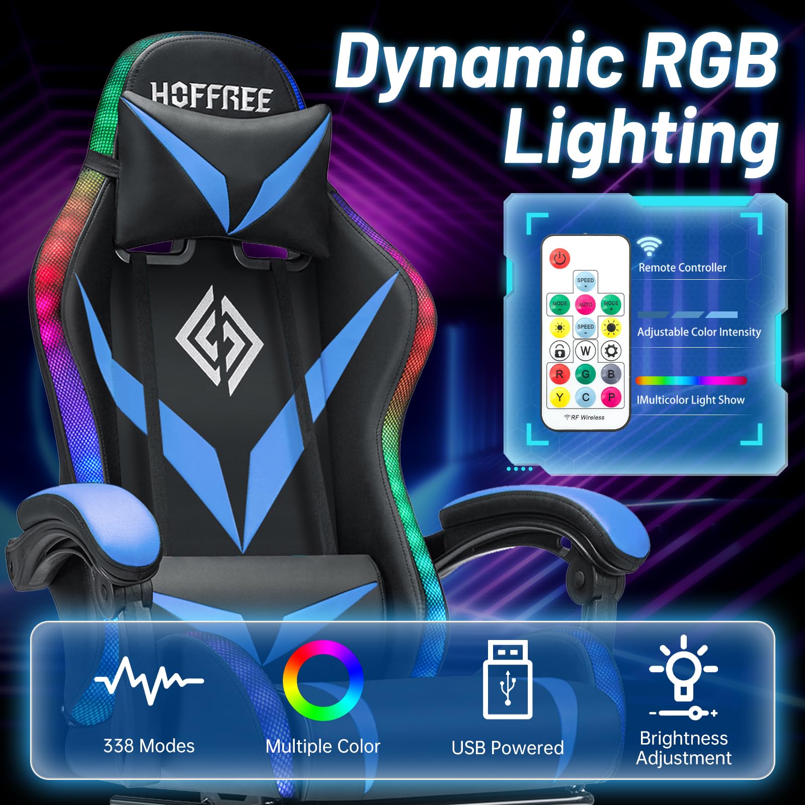 Gaming Chair with Bluetooth Speakers and RGB LED Lights Ergonomic Massage Video Game Chair with Footrest High Back with Lumbar Support Blue and Black