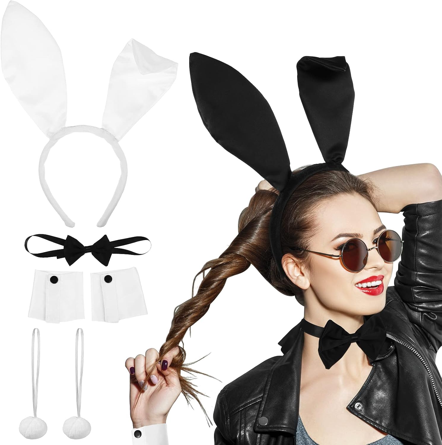 FRCOLOR Halloween Bunny Costume Set Rabbit Ears Headband and Tail Bow Tie Cosplay Accessory for Women Girls Black White - Image 3