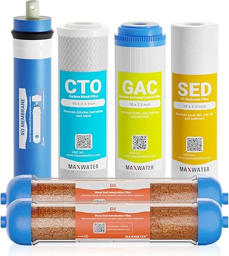 Miniatura 10 de Max Water Kit de reemplazo de filtro de agua RODI dual de ósmosis inversa de 6 etapas para acuario - Sedimento de polipropileno de 1 micrón, GAC,