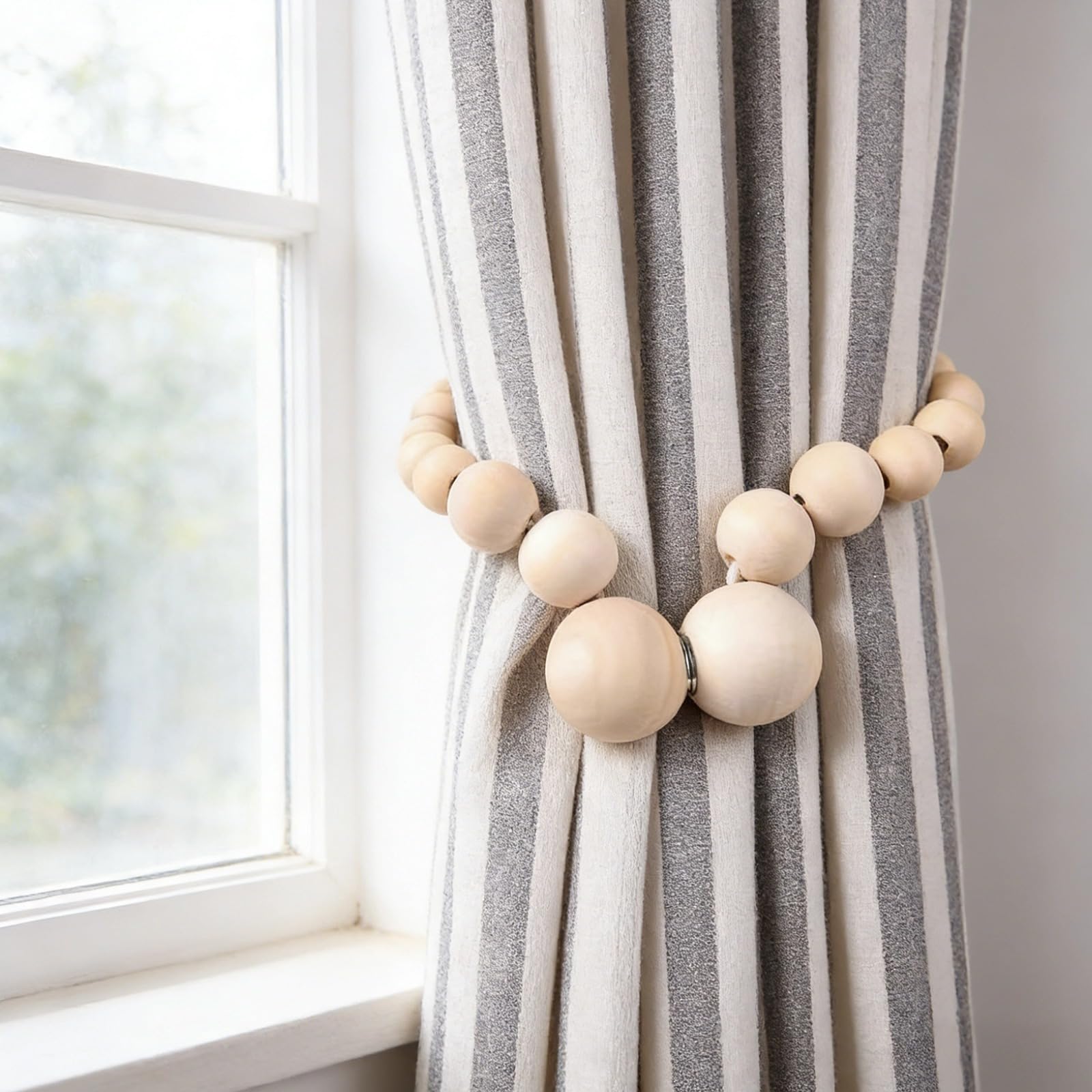 Lot de 4 embrasses pour Rideaux en Perles de Bois, Maintien Ferme, embrasses décoratives au Style Bois Rustique, Corde pour fenêtre bohème, sans perçage, pour Maison, Ferme, Bureau