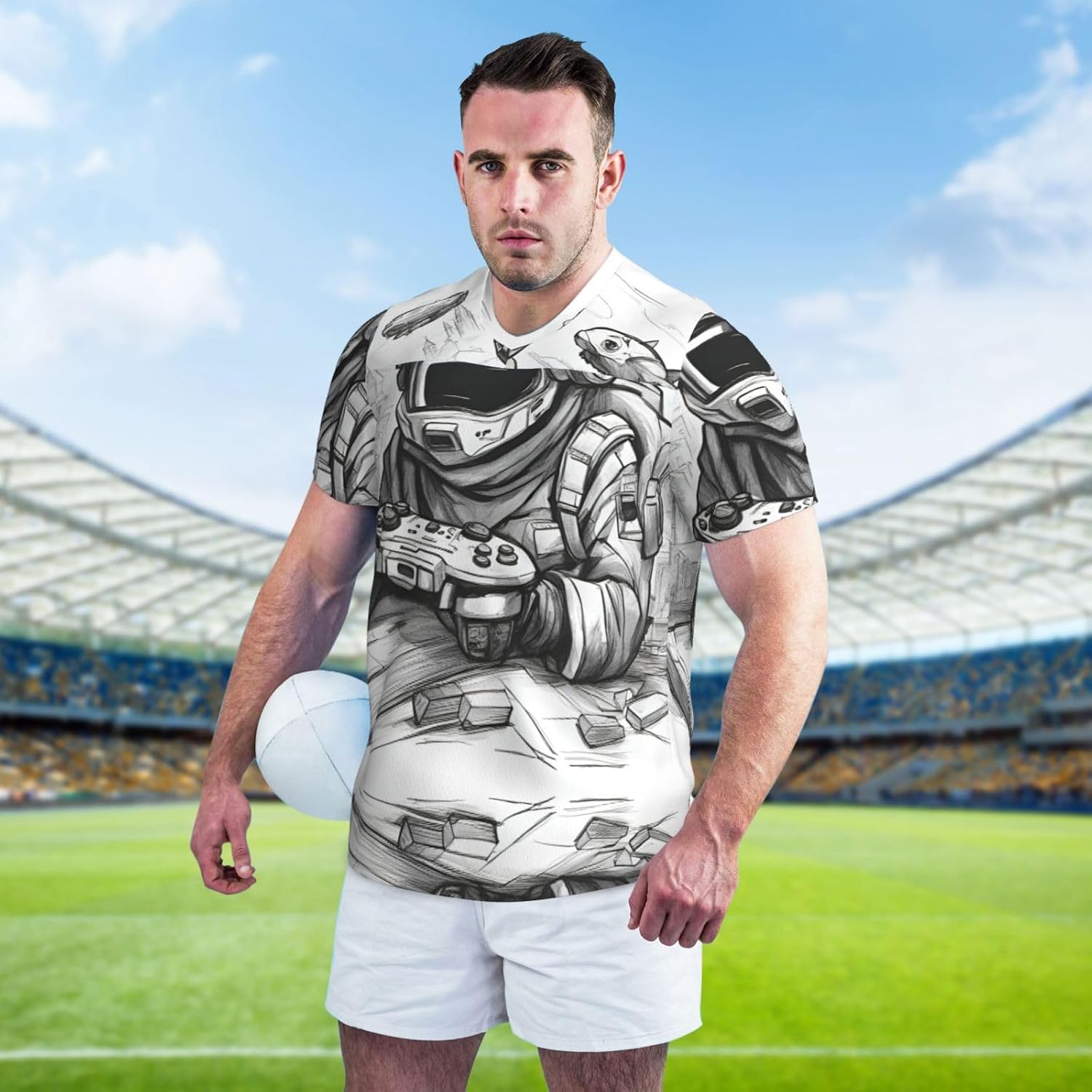 Monochrome Sketch Style Gaming Rugby Football Jersey for Men, Comfortable V-Neck Loose Fit Top for Team Sports Athletics