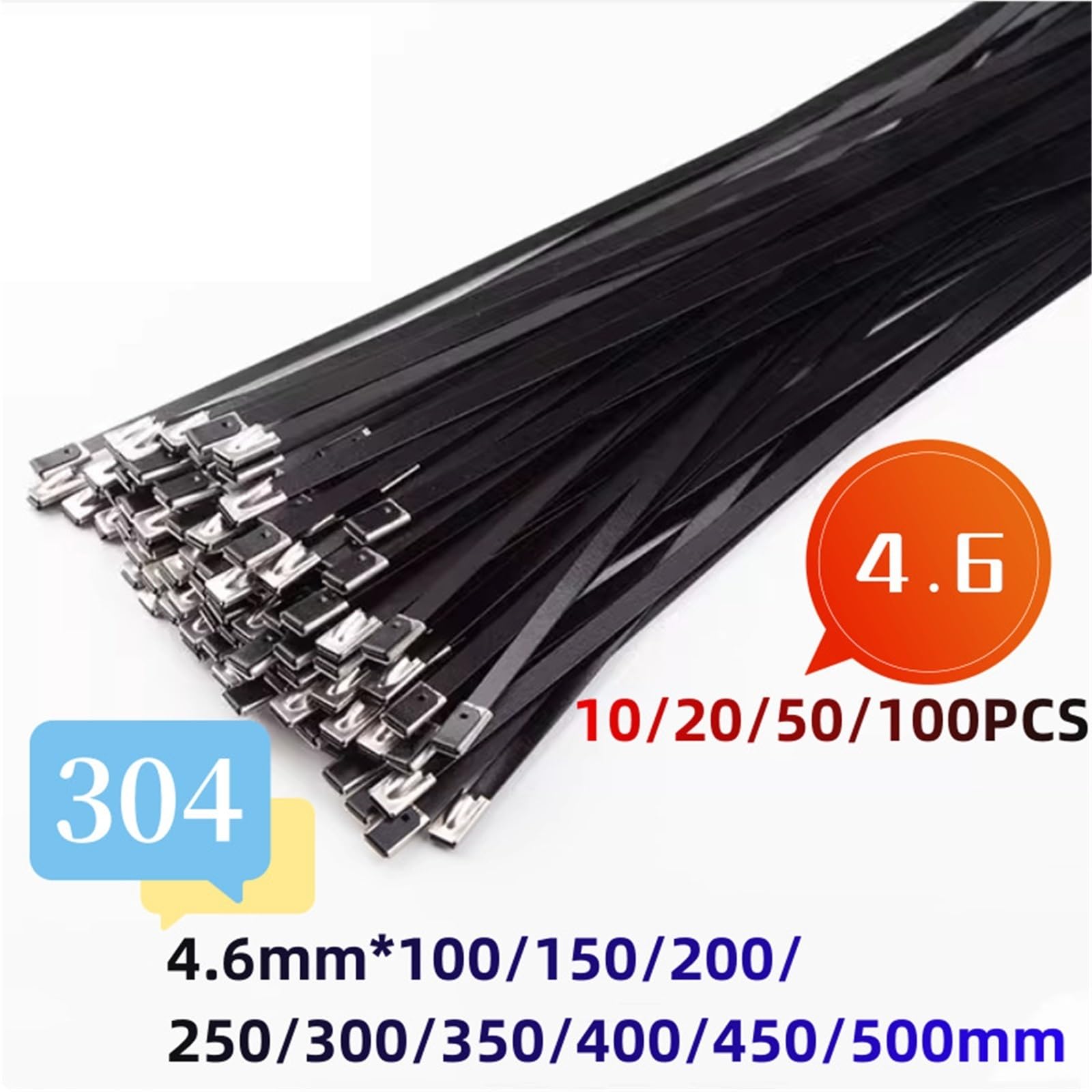 Bridas de acero inoxidable Bridas de acero inoxidable de 10 a 100 piezas, color negro, con cierre metálico, multifuncionales, de 4,6 mm.(100PCS,4.6x500mm)