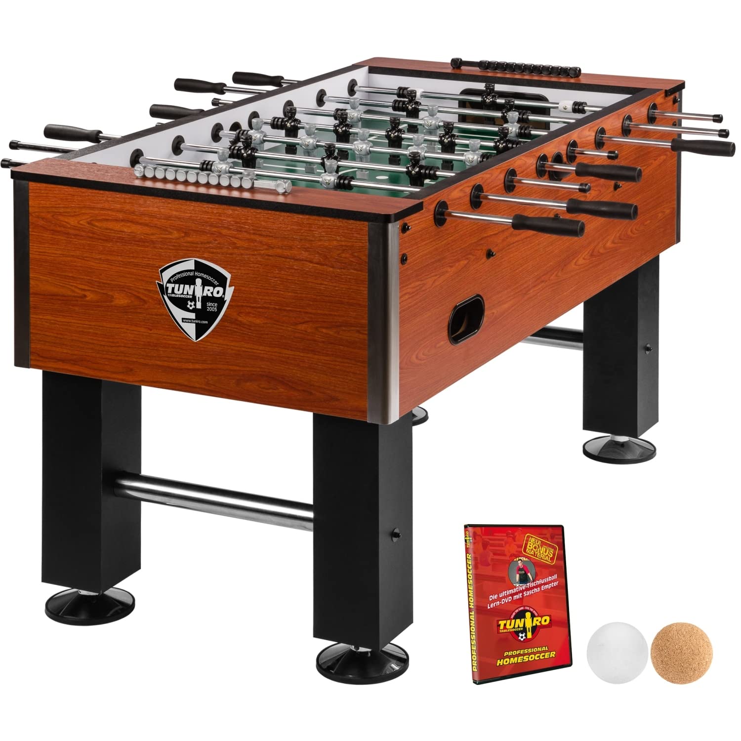 TUNIRO Tischkicker Basic/Pro, vormontiert, 4 Dekorvarianten, schadstoffgeprüft, inkl. DVD + Bälle, Kicker-Tisch Tischfussball