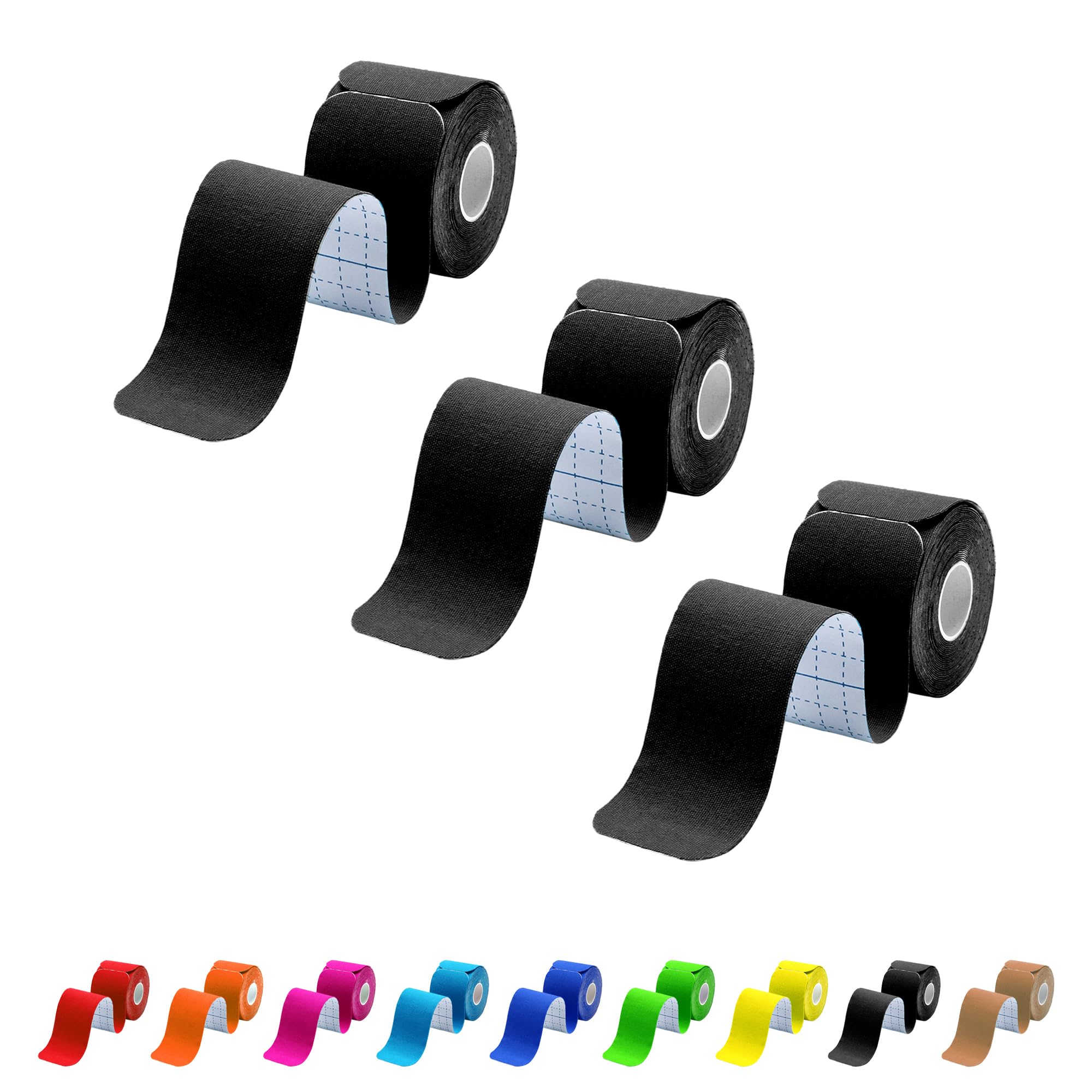 Kinesiology Tape Precut 3 Rolls-Athletic Sports Tape for Muscle & Joints-Physical Therapy Tape for Knee,Ankle,Shoulder,Plantar Fasciitis- Latex Free and Water Resistant-60 Strips, Black