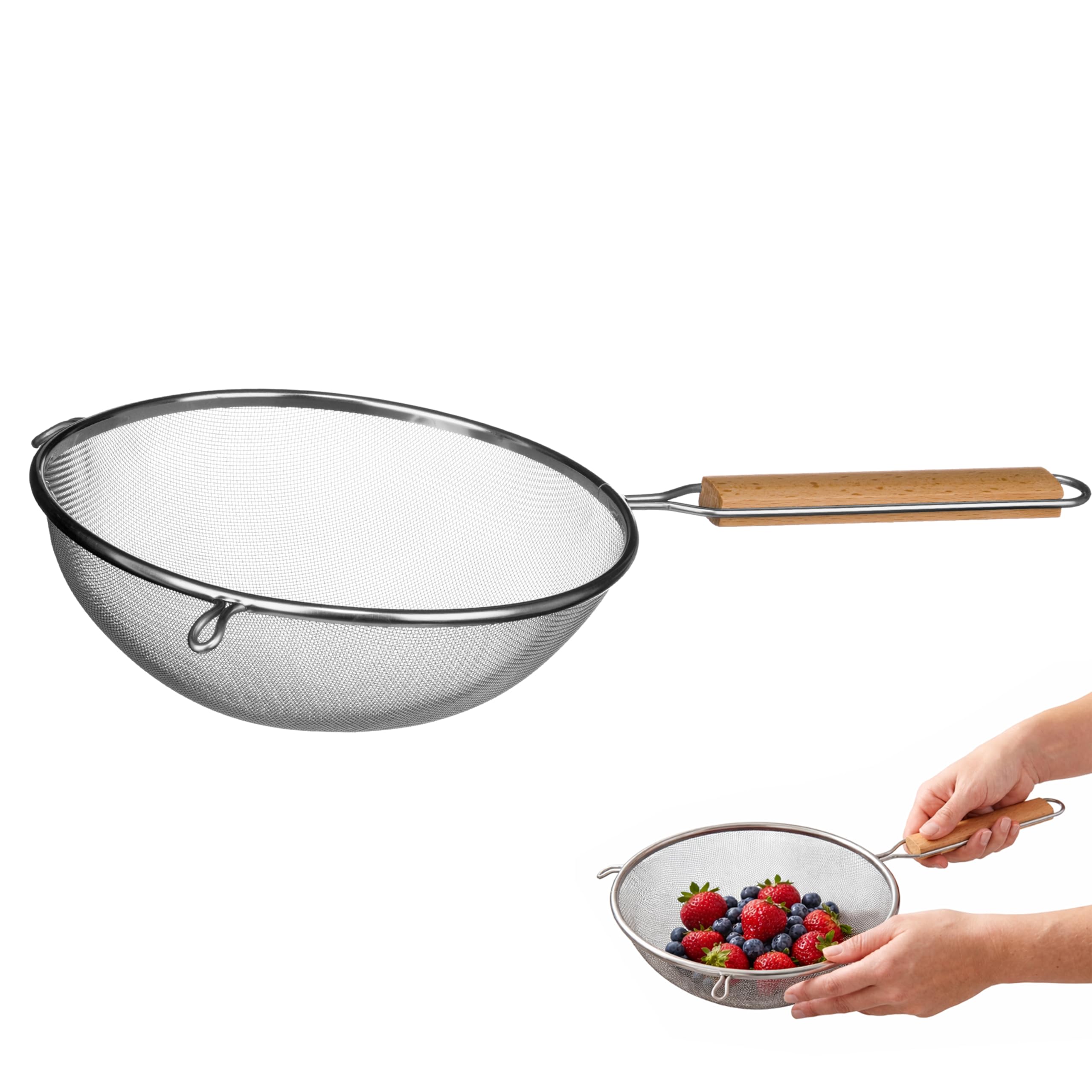 Premier Housewares Sieve with Wooden Handle, Stainless Steel, 24.5 cm, Natural