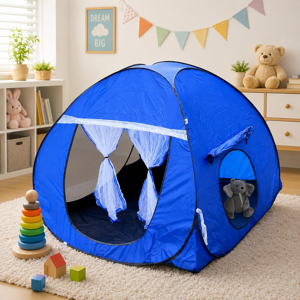 SILVER SHINE Foldable Kids Play Tent House | Fun & Spacious Pop-Up Playhouse for Boys & Girls (Up to 10 Years) | Multi-Purpose Indoor & Outdoor Tent with Mosquito Net | Delightful Patterns – Dark Blue