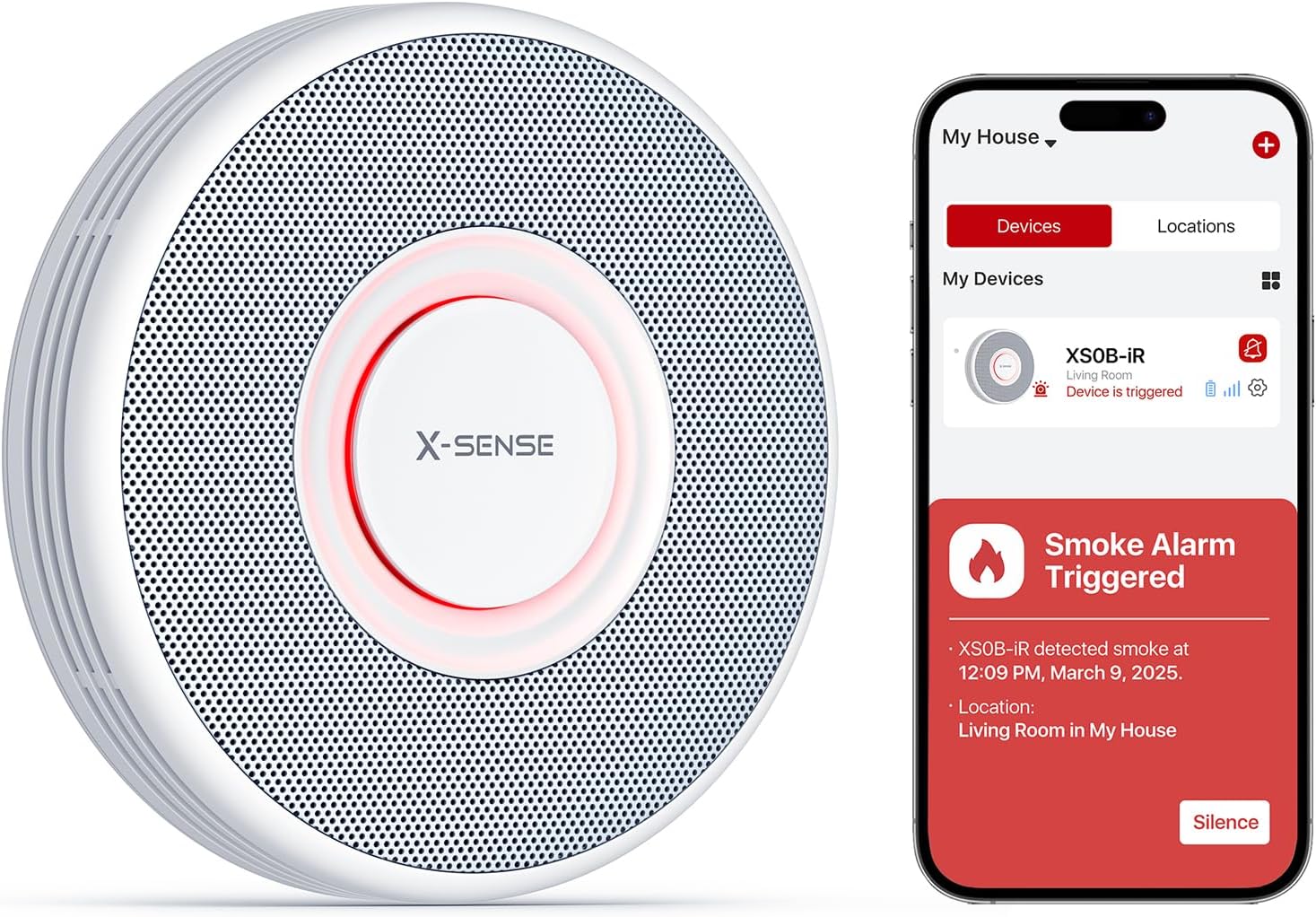 X-Sense Smart Wi-Fi Smoke Detector with Voice Alerts and 17 Locations, Fire Alarm, Fire Detector, 1.3 in (33 mm) Thick, XS0B-iR, 1 Pack