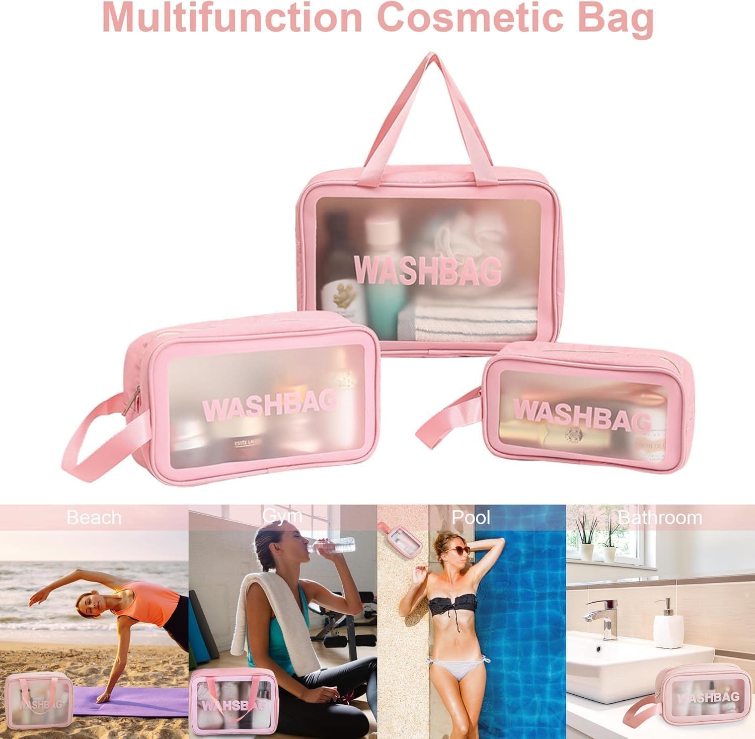 iYOGIzz Wash Bag Cosmetic Case (Set of 3) Clear Travel Toiletry Organizer with Handle Transparent Makeup Storage Pouch Water Repellent Portable Cosmetic Bags for Women Girls Travel Essentials 4