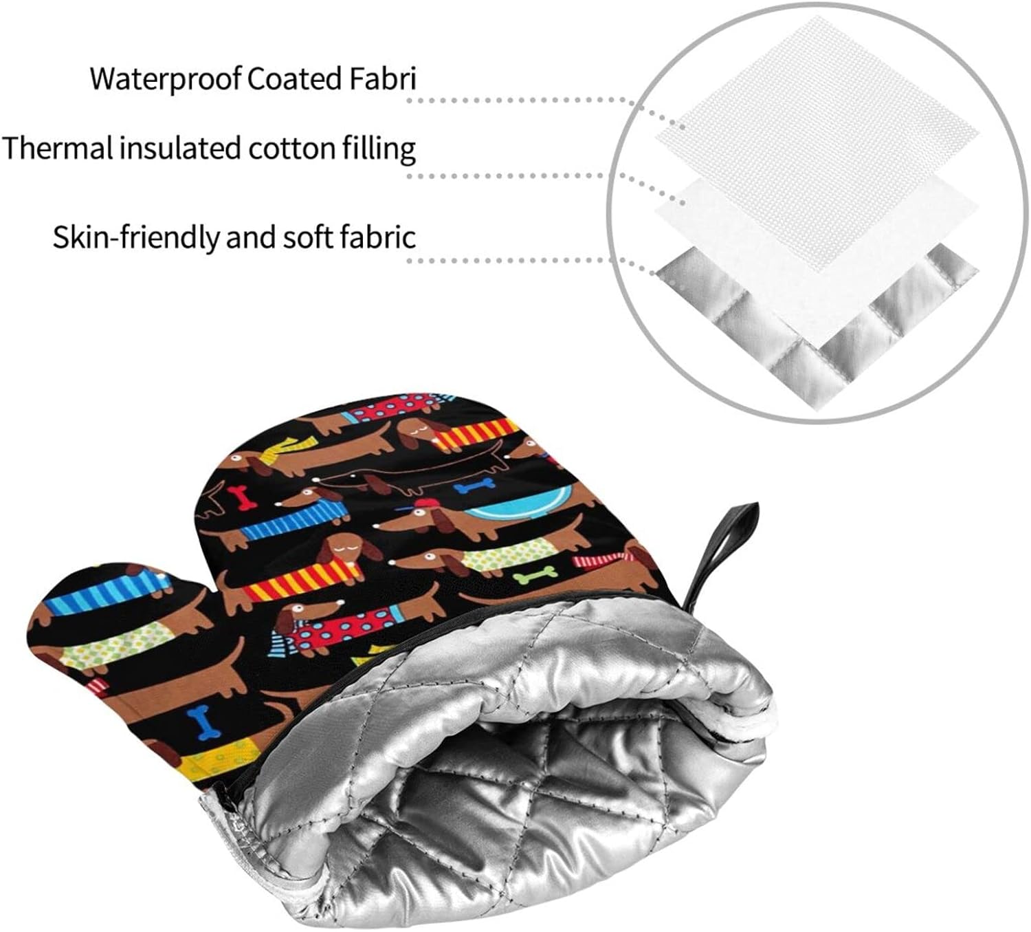 Cute Dachshund Oven Mitts and Pot Holders Set Funny Dogs Print Kitchen Gloves Heat Resistant Hot Pads for Microwave BBQ Cooking Baking Grilling (4pcs)