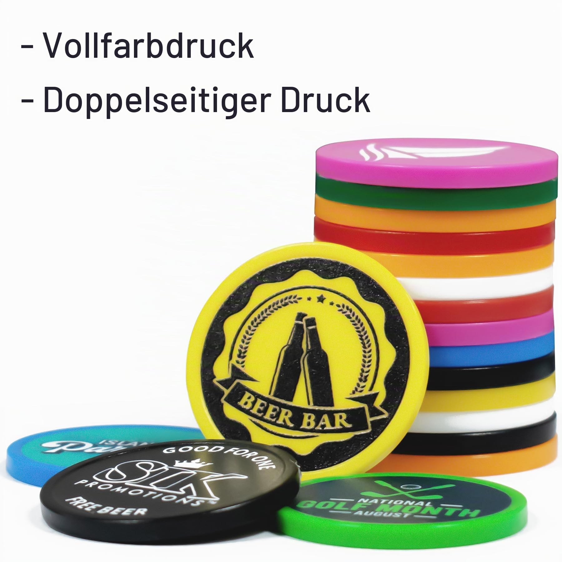 100–1000 individuelle Kunststoff-Chips, Getränke-Chips, bedruckt mit personalisiertem Logo, Bild oder Text, Expresslieferung erhältlich, 9 Farben, individuelle Spielsteine für Bars, Partys,