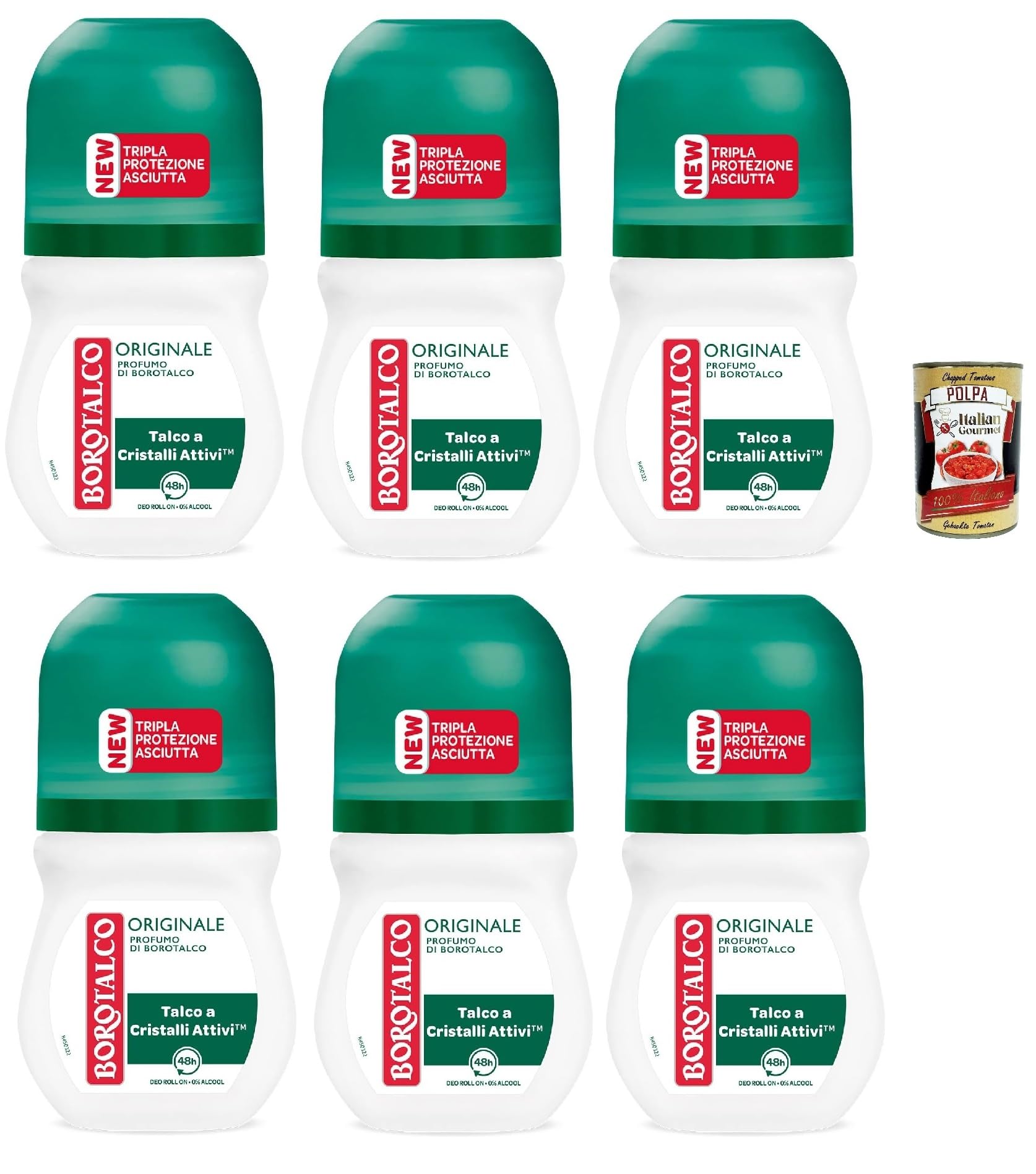 Borotalco déodorants roll-on Original,sur le sec d'origine, formule sans alcool avec un talc absolu, absorbe la sueur, le parfum Borotalco, 72h d'efficacité, 6x 50 ml + Italian Gourmet polpa 400g