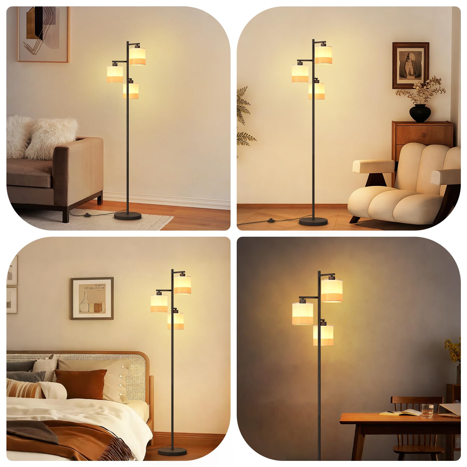 CBJKTX Stehlampe Wohnzimmer Stehleuchte Vintage - Stoff Standlampe 3 Flammig Standleuchte Schwarz Retro Leselampe E27 Rustikal Bodenlampe mit Fußschalter für Schlafzimmer Büro (ohne Leuchtmittel) | Flammig Standleuchte Schwarz Retro Leselampe E27 Rustikal