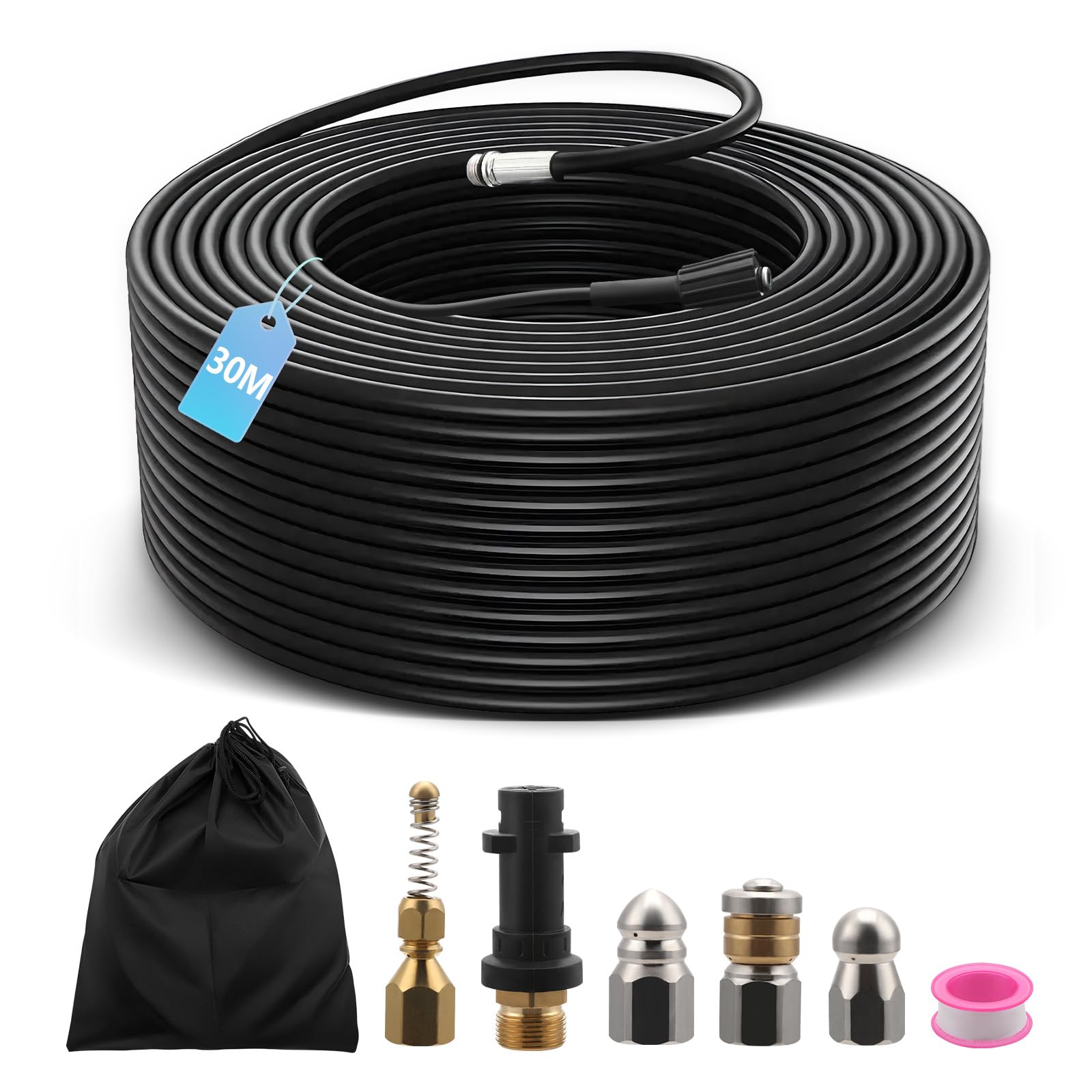 Tubo per la pulizia dei tubi, 30 m, ad alta pressione, 210 bar, 60 °C, con adattatore, ugelli rigidi e rotanti, custodia, prolunga per tubo Kärcher compatibile con Kärcher K2-K7 Lavor, Bosch, Parkside
