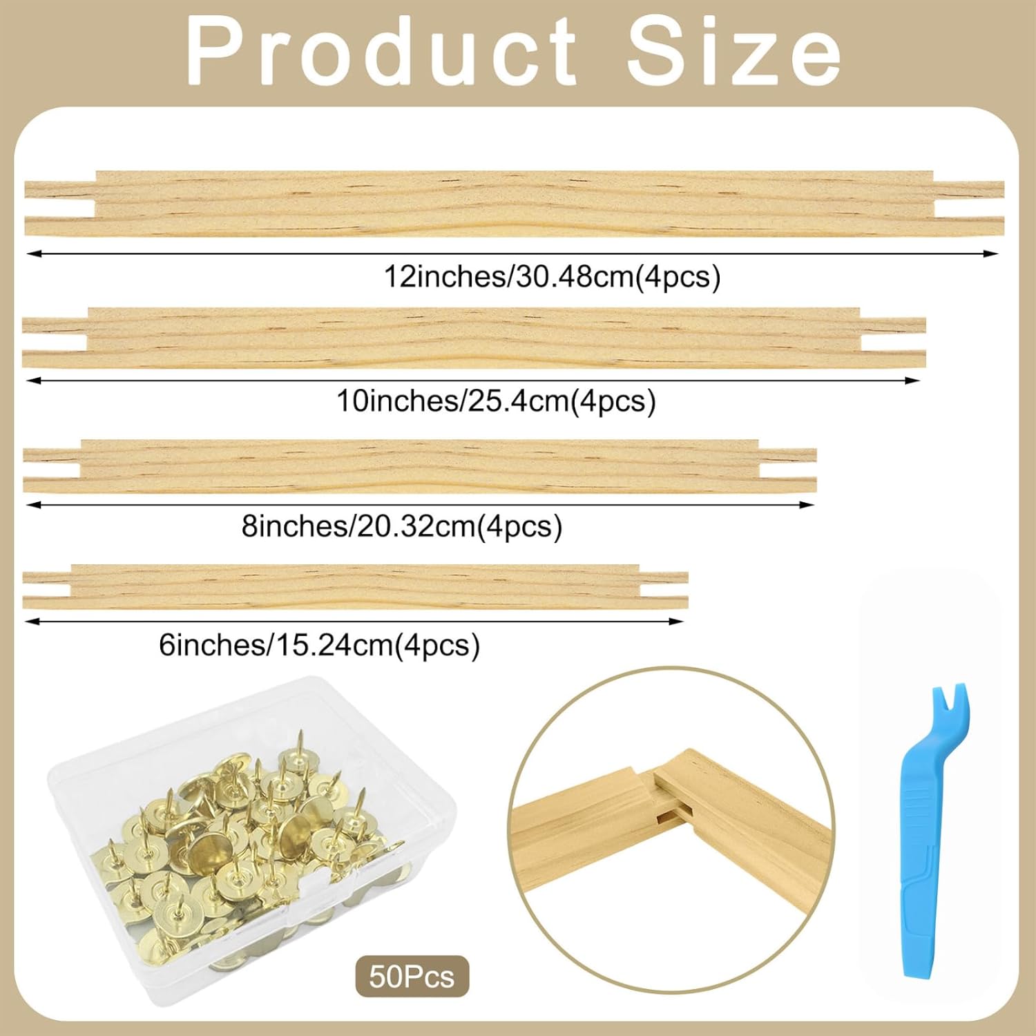 SPRFAIRY 16PCS Needlepoint Stretcher Bars for Needlework 6 8 10 12 Inch Wooden Canvas Stretcher Bars with 50 Thumb Tacks 4 Size Needlepoint Embroidery Stitch Frame Set for Crafts Art