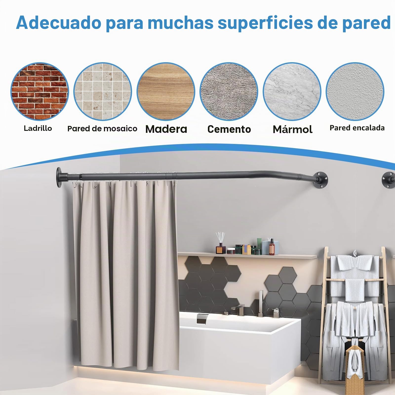 Barra de cortina de ducha en forma de L, barra de ducha de esquina ajustable (76-101 cm x 76-101 cm), Negro Mate Barra de Cortina Curvada Ajustable de 90 Grados Para Baño,Acero Inoxidable