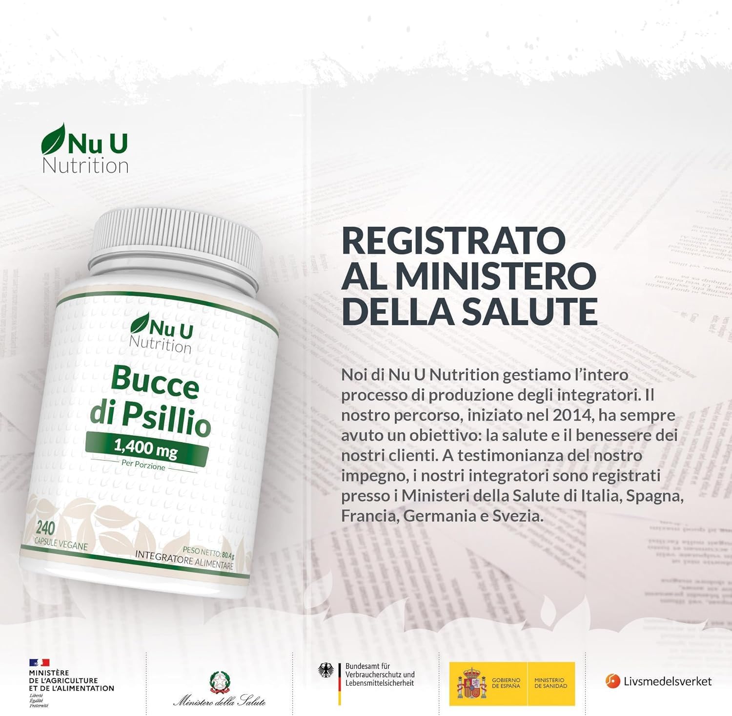 Bucce di Psillio Alto Dosaggio 1400mg - 240 Capsule Vegane - 4 Mesi di Fornitura - Prebiotico Naturale Psyllium Husk - Integratore Ricco di Fibre - Prodotto in Europa - Nu U Nutrition
