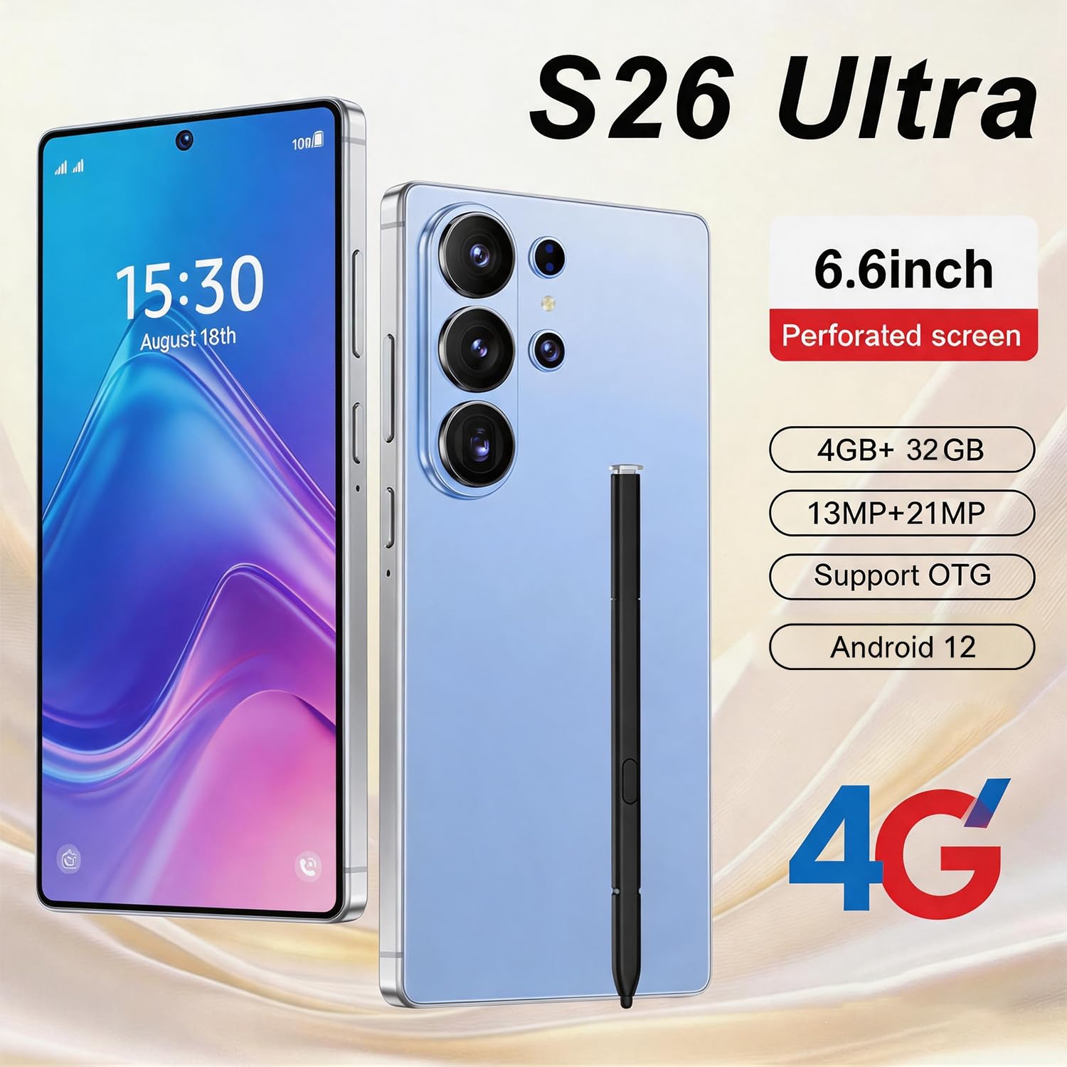 4G Smartphone, 6.6" Écran HD, 4GB+32GB Extensible à 256GB, Caméra 13MP+21MP, Android 12, Déverrouillage Facial/WiFi/GPS/OTG USB/Stylet intégré (Black)