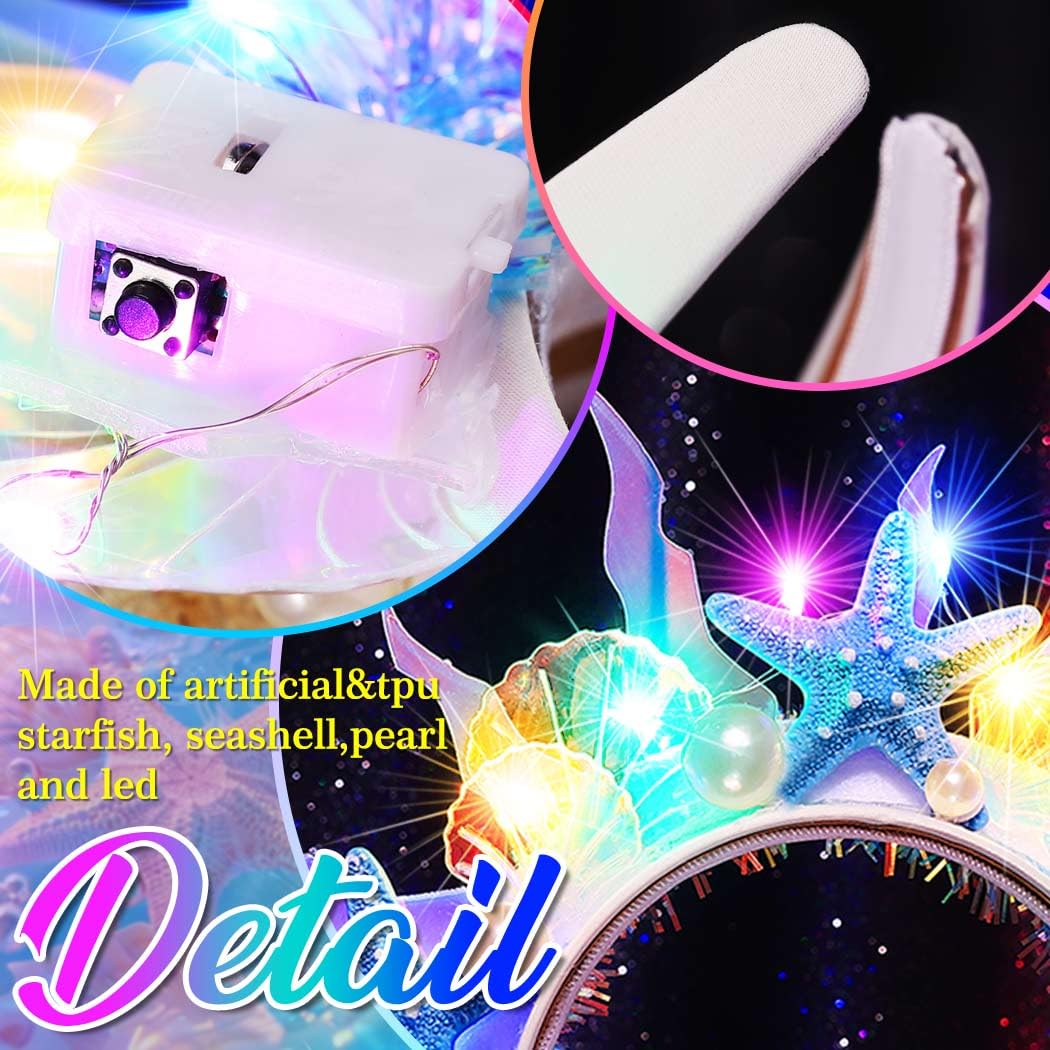 CAKURE Light Up Mermaid Headpiece Led Starfish Headband Mermaid Hair Accessories for Women and Girls - Image 4