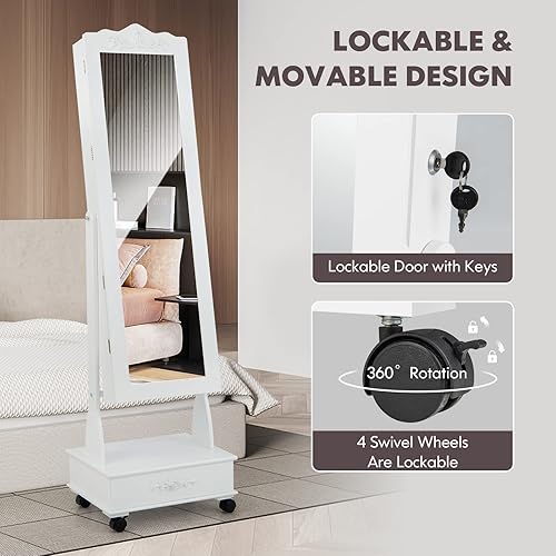 Miniatura 7 de Armario de joyería con 4 ruedas con cerradura organizador de almacenamiento de joyería con cerradura con espejo de longitud completa 6 luces LED