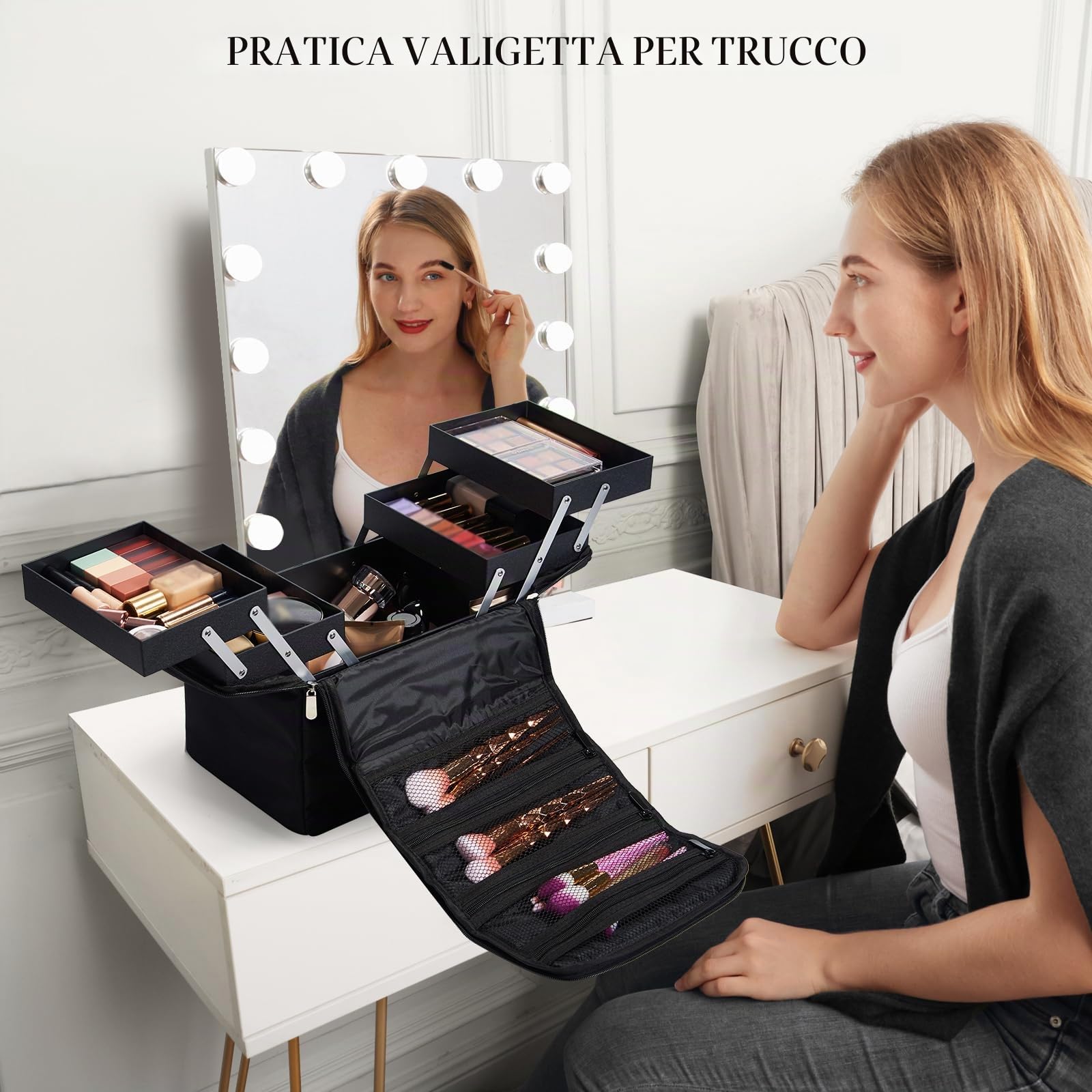Valigetta porta Trucchi Professionale Borsa porta trucchi da Viaggio Makeup Case Tessuto Oxford Borsa per Cosmetic Grande con Tracolla y 4 Vassoi Beauty Case Organizzatore Valigetta Unghie,Nero