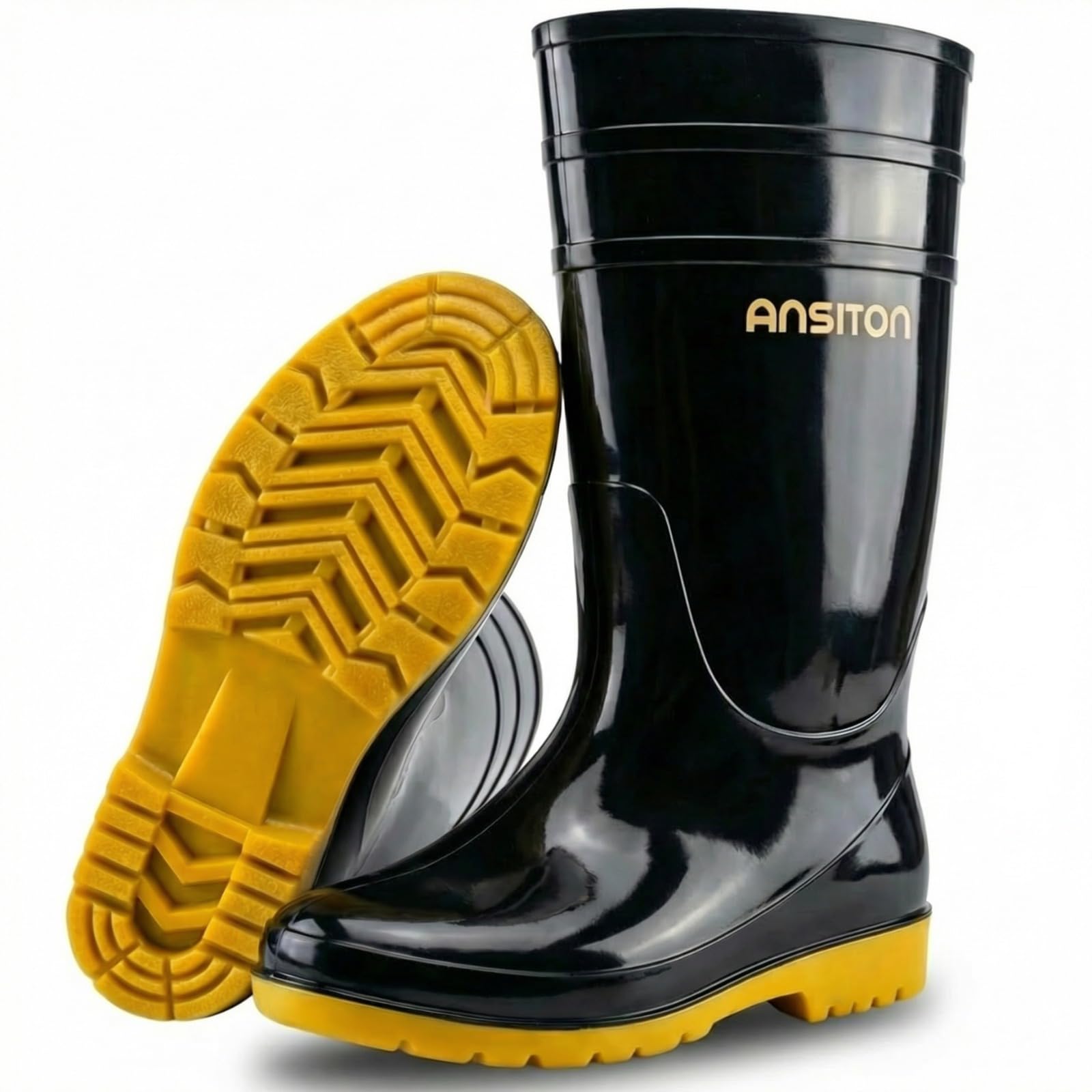 ANSITON Men's Black Waterproof PVC Slip - On Rain Boots - High & Mid Calf Styles, Ideal for Outdoor, Garden, Farm, Mud & Fishing, Comfortable, Durable