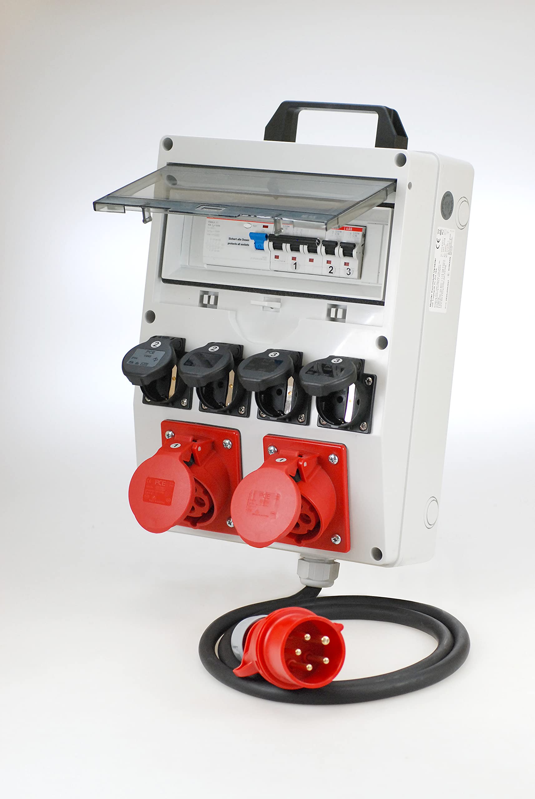 Ehmann Mobiler PROFI Verteiler mit Tragegriff, FI/LS, Made in Germany, 6 Ausgänge (2 x CEE 16 A / 4 x 230 V~), 2m Zuleitung H07RN-F 5G 2,5mm², IP54, K2, BGI-GUV-I608