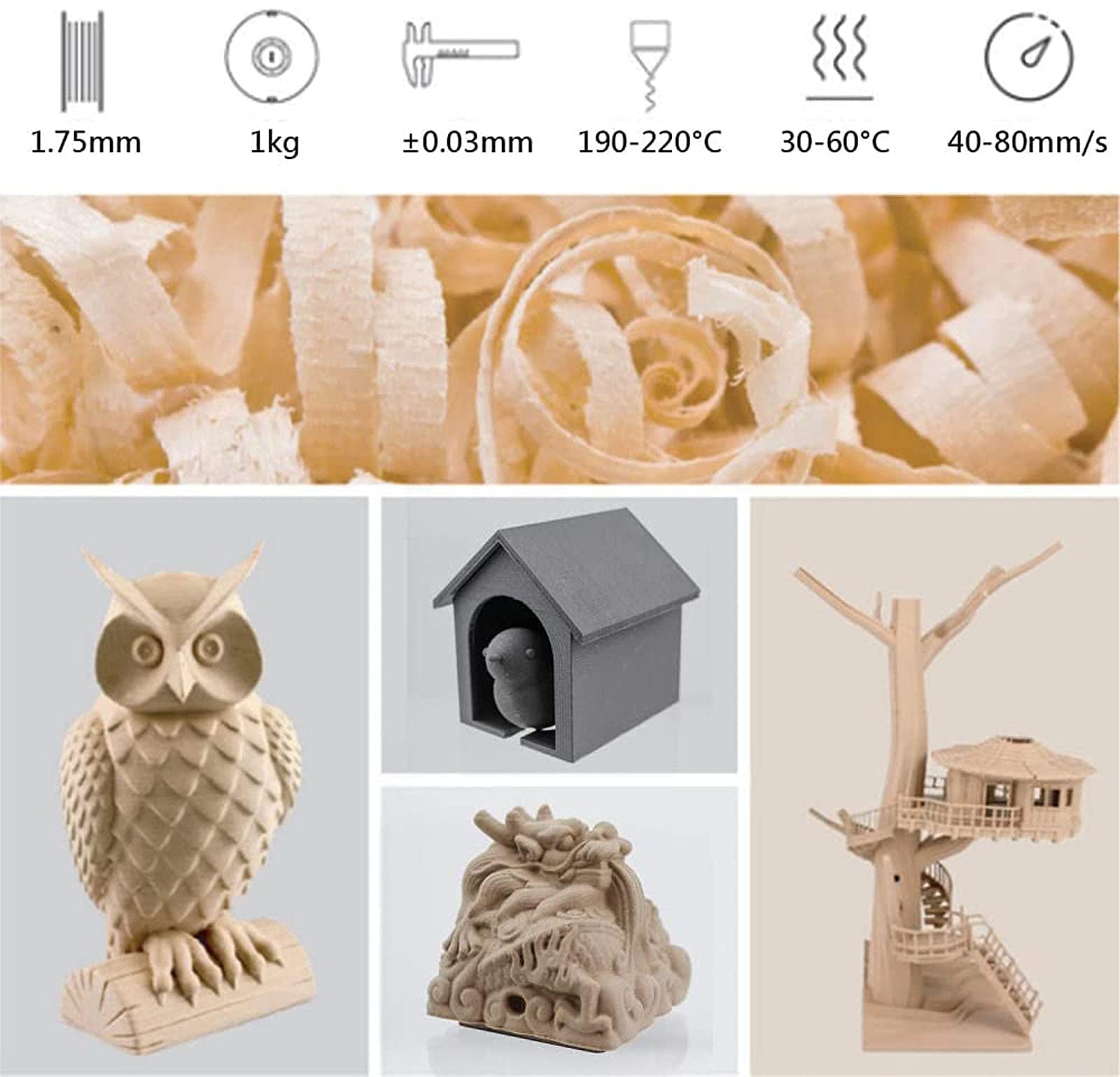 Materiały eksploatacyjne do drukarek 3D, Filament do drukarek 3D PLA-WF wypełniony włóknem drzewnym, 1,75 mm, szpula 1 kg, wielokolorowy(Palm wood)