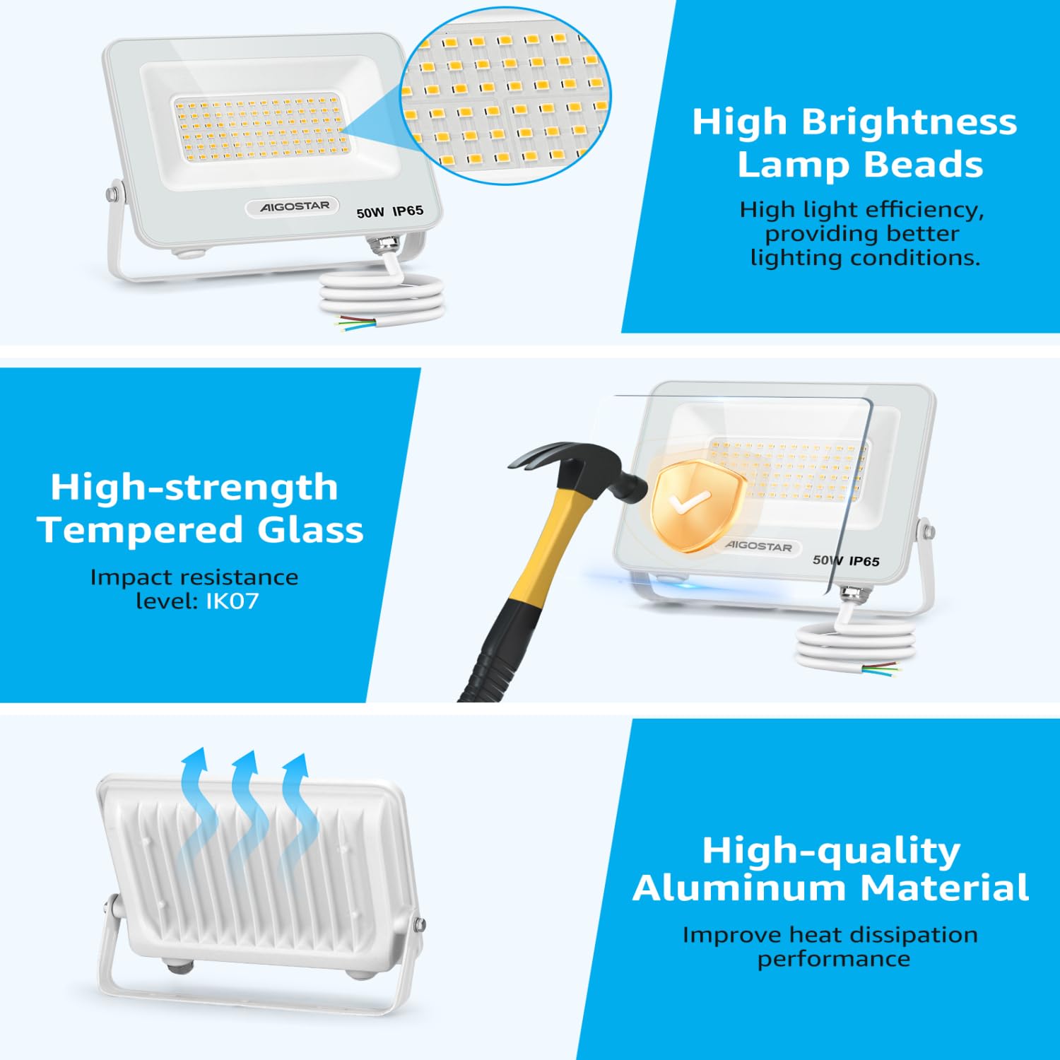 Aigostar Foco LED Exterior 50w, 4500LM Foco Proyector LED, IP65 Impermeable Luz de Seguridad, Natural 4000K Luces exterior, Para Jardín, Patio, Garaje, Paquete de 10