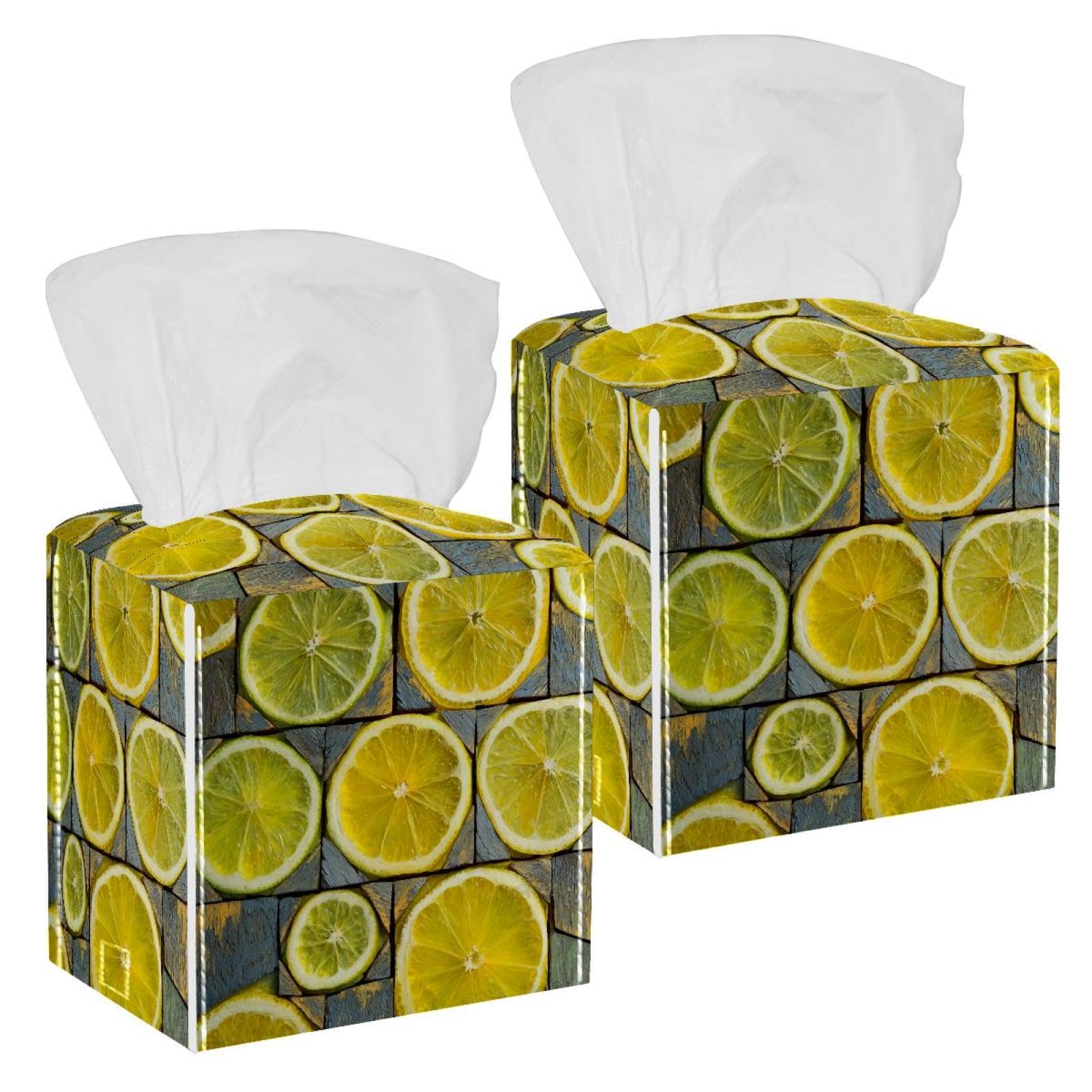 Lemon Tissue Box Cover, 2 Pack PU Leather Square Facial Tissue Dispenser Box holder for Home Office Car