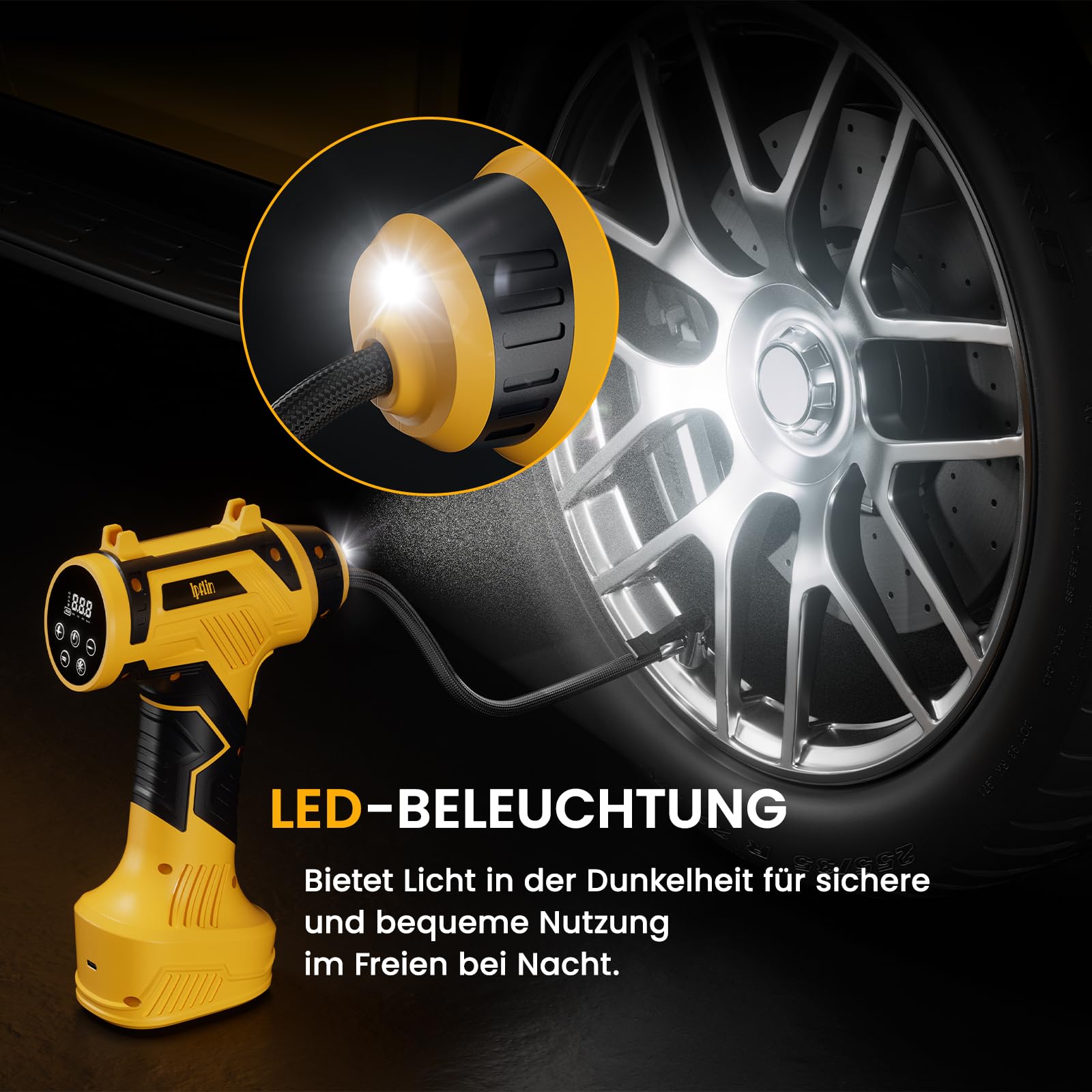 Pompe à air électrique pour Voiture - Pompe à vélo Portable - 150 PSI - Compresseur de Batterie 22 l/Min avec Affichage LED/lumière - 4 Modes préréglés pour Voiture/vélo/Moto/Ballon