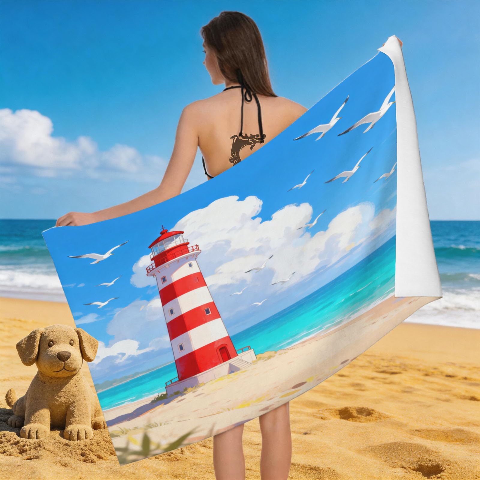 Leichong 3D Seaside Lighthouse Beach Towel Microfiber Soft Quick Dry for Adults, Cartoon Bath Towel Lightweight Soft Absorbent for Travel Swimming Pool Sports, 75 x 150 cm