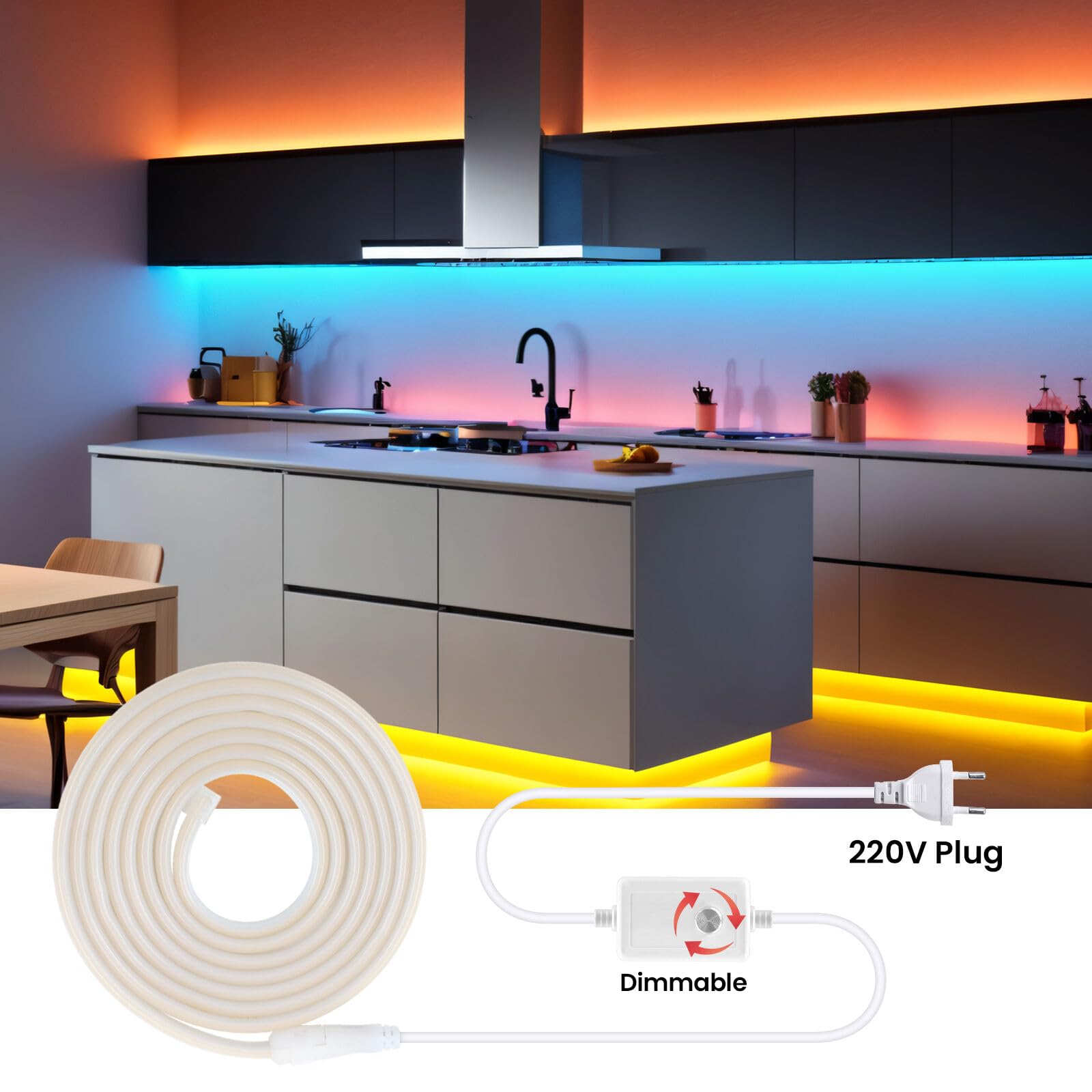 KISUFU COB LED Streifen 230V, 288LEDs/m IP65 Wasserdicht Dimmbar 220V LED Neon Band Strip Light with EU Plug für Außen Home Dekoration, Küche, Spiegel.