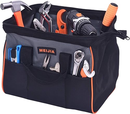 MEIJIA Bolsa de herramientas portátil de boca ancha abierta con múltiples compartimentos, resistente con parte inferior de tablero de polietileno